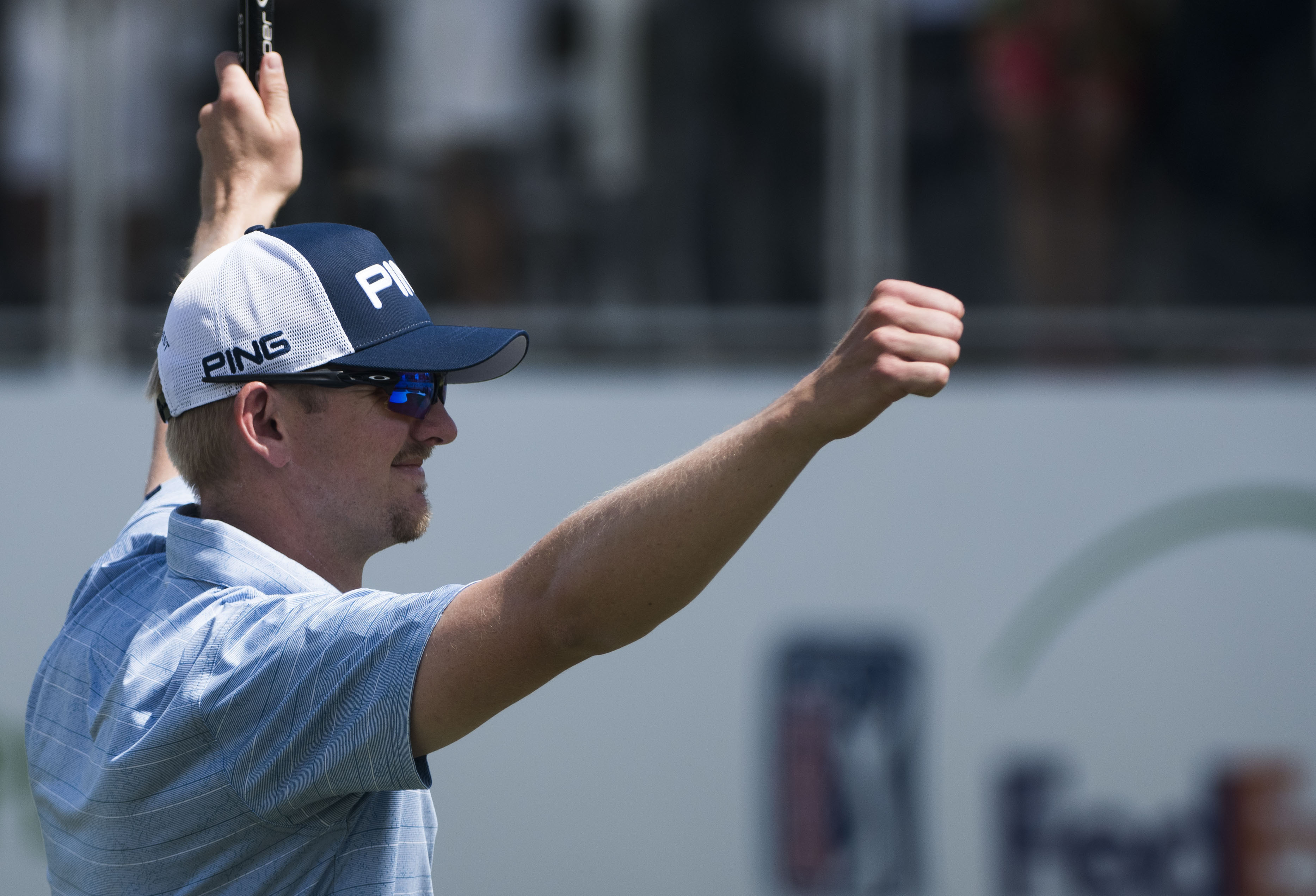 Jim Knous of Colorado celebrates completing an eagle on the 18th hole during the final round of the Puerto Rico Open PGA golf tournament in Rio Grande, Puerto Rico, Sunday, Feb. 24, 2019. (AP Photo/Carlos Giusti) (Carlos Giusti)