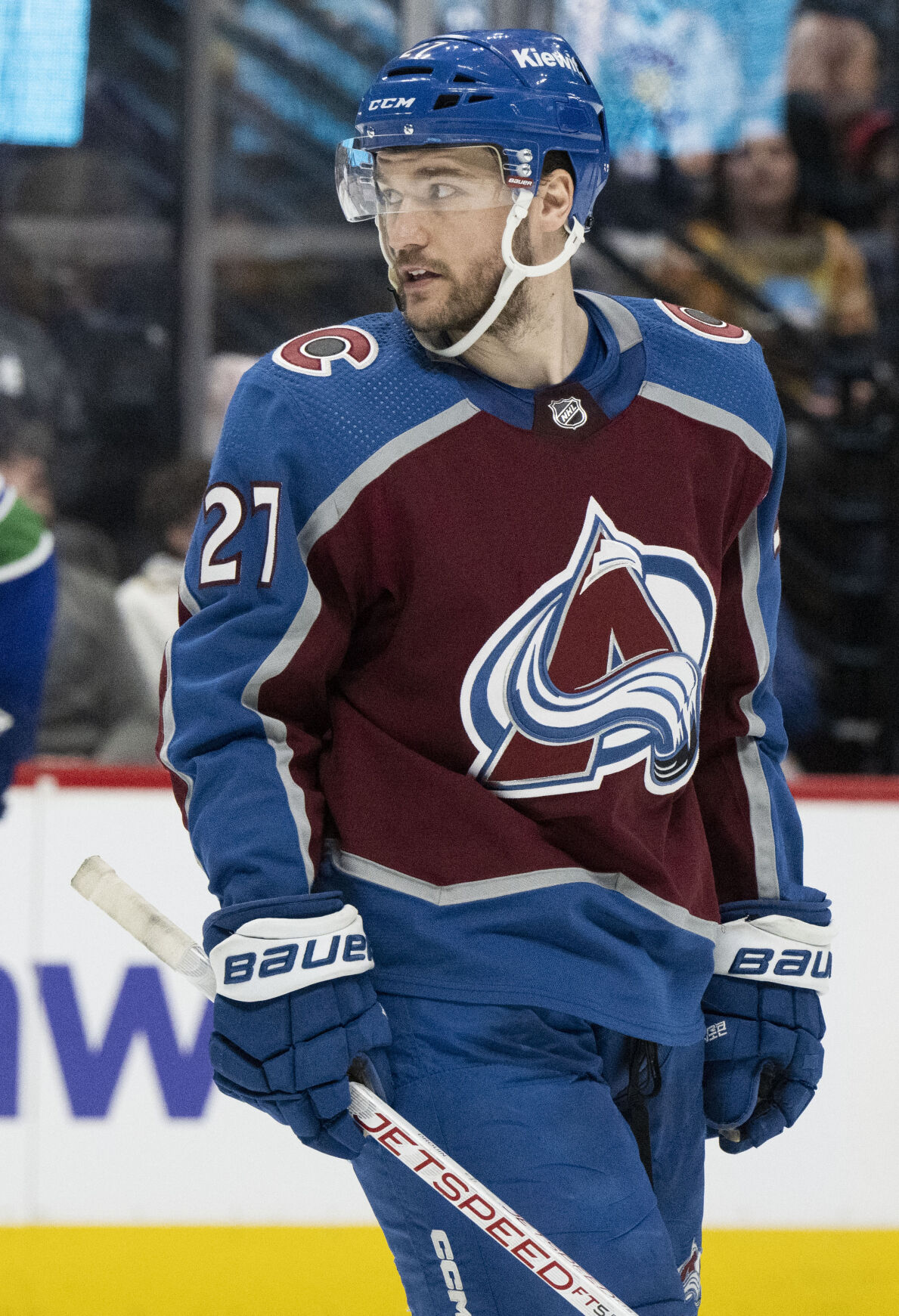 Colorado Avalanche left wing Jonathan Drouin (27) skates during a timeout in the third period against the Vancouver Canucks Tuesday, Feb. 20, 2024, at Ball Arena in Denver. The Avalanche won 3-1. (The Gazette, Christian Murdock) (Christian Murdock/The Gazette)