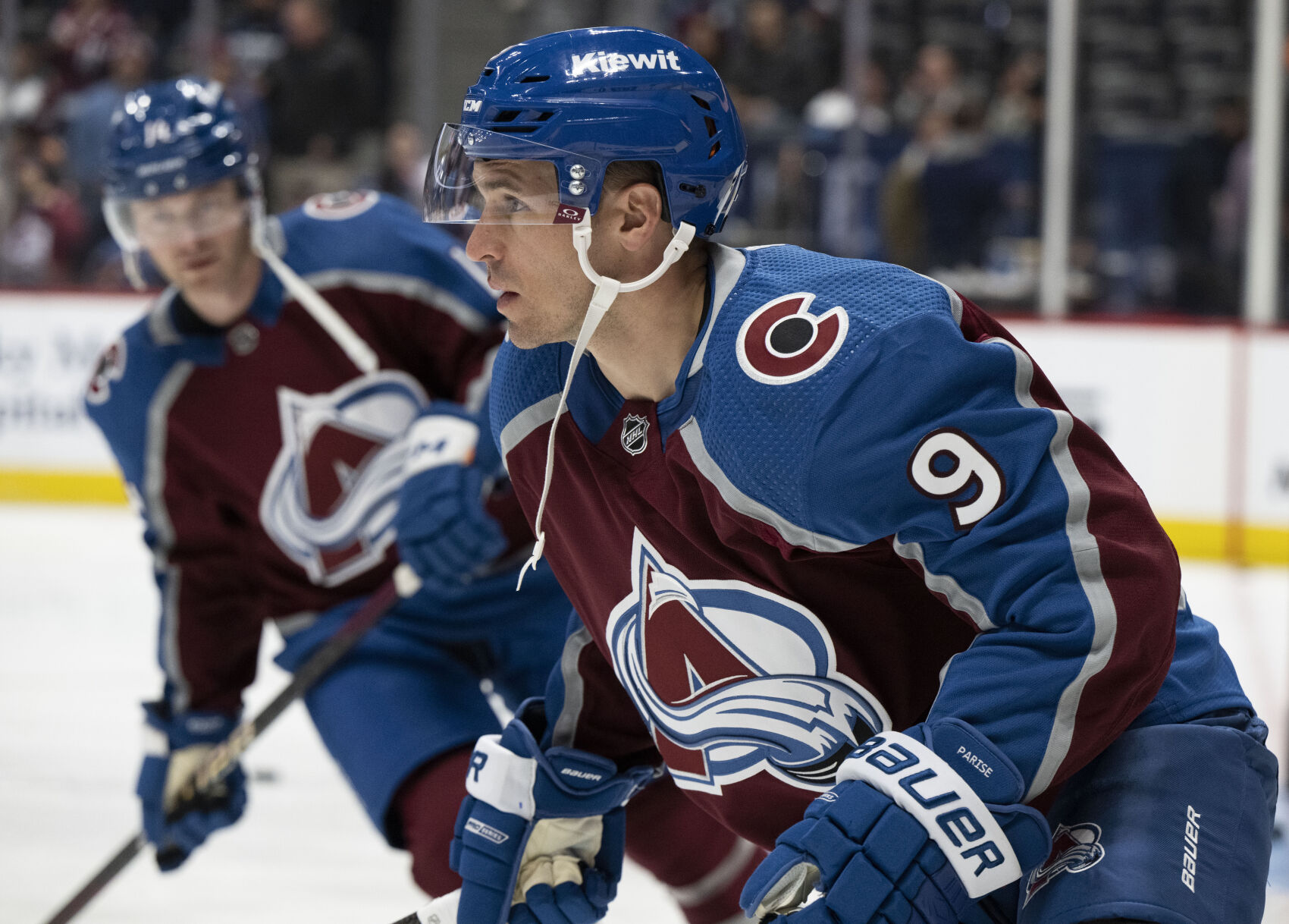Colorado Avalanche left wing Zach Parise (9) skates during warm ups before the Avs game against the Vancouver Canucks Tuesday, Feb. 20, 2024, at Ball Arena in Denver. (The Gazette, Christian Murdock) (Christian Murdock/The Gazette)