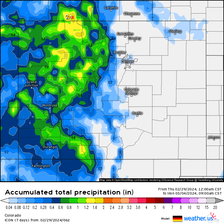 A Weather.us forecast model shows the potential 1-hour accumulation levels of water-equivalent precipitation as of 9 a.m., Monday, March 4 for Colorado. Depending on the density of the snow, one inch of water is equivalent to 10 inches of snow based on a common rule of thumb ratio of 10:1. (Weather.us)