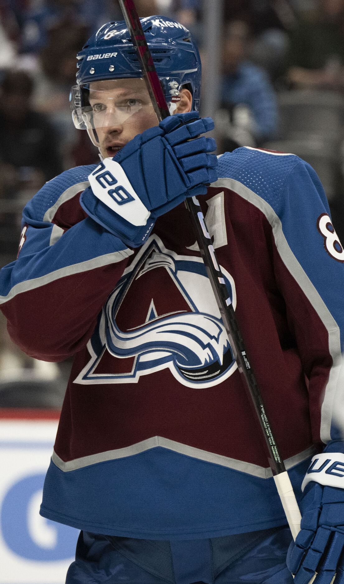 Colorado Avalanche defenseman Cale Makar (8) prepares for a faceoff during the first period against the Vancouver Canucks Tuesday, Feb. 20, 2024, at Ball Arena in Denver. (The Gazette, Christian Murdock) (Christian Murdock/The Gazette)