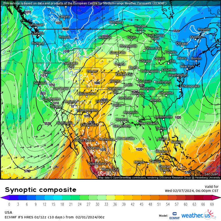 A Weather.us map forecast from the ECMWF model shows the synoptic composite of wind speeds, atmospheric pressure and humidity levels of the air for 6 p.m., Wednesday, Feb. 7 for the United States. The reds, yellows and oranges represent moister air and the greens, blues and purples represent less moist air. (Weather.us)