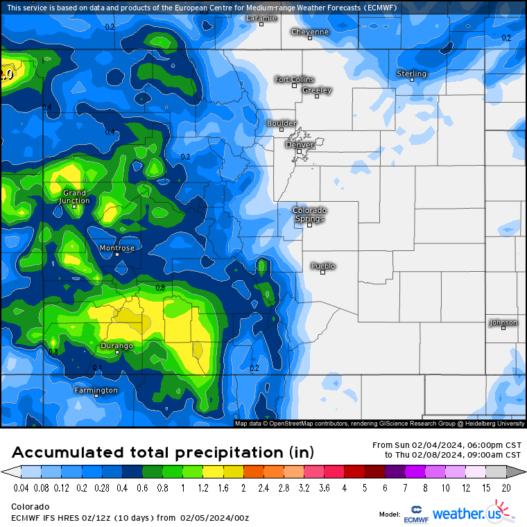 A Weather.us forecast model shows the potential accumulation levels of water-equivalent precipitation as of 9 a.m. Thursday, Feb. 8 for Colorado. Depending on the density of the snow, one inch of water is equivalent to 10 inches of snow based on a common rule of thumb ratio of 10:1. (Weather.us)