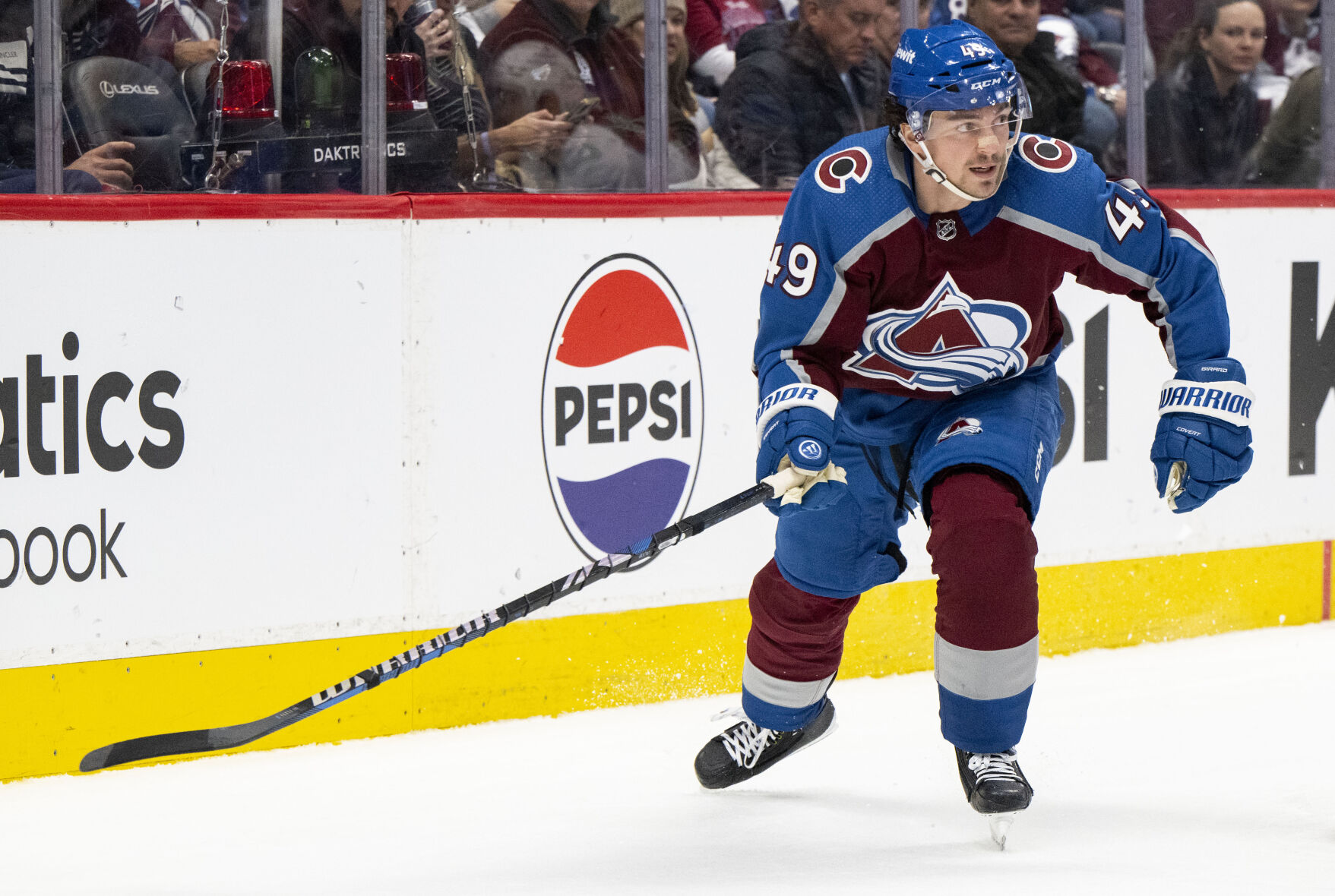 Colorado Avalanche defenseman Samuel Girard (49) skates against the Vancouver Canucks during the second period Tuesday, Feb. 20, 2024, at Ball Arena in Denver. (The Gazette, Christian Murdock) (Christian Murdock/The Gazette)