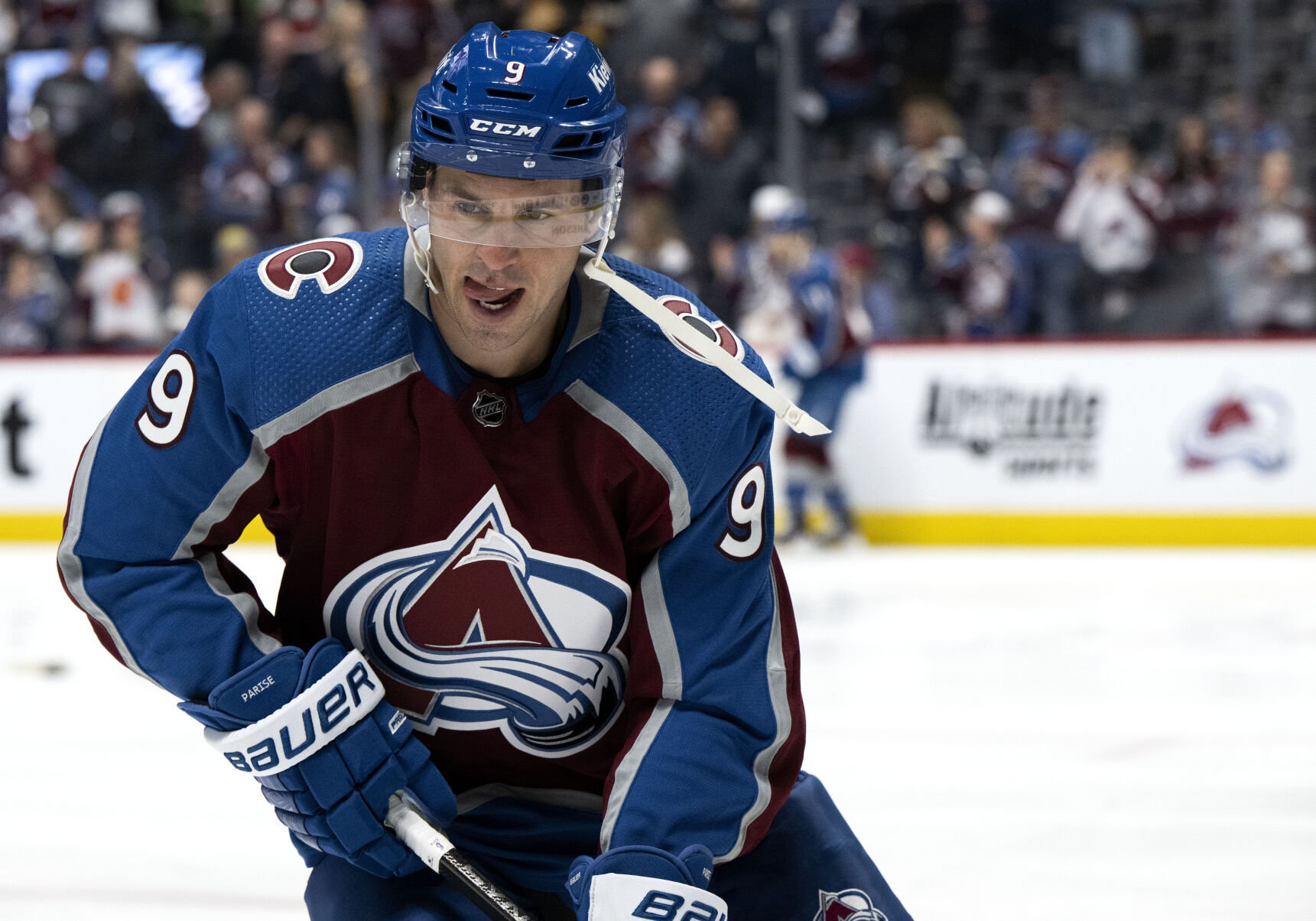 Colorado Avalanche left wing Zach Parise (9) warms up before the game against the Vancouver Canucks Tuesday, Feb. 20, 2024, at Ball Arena in Denver. (The Gazette, Christian Murdock) (Christian Murdock/The Gazette)
