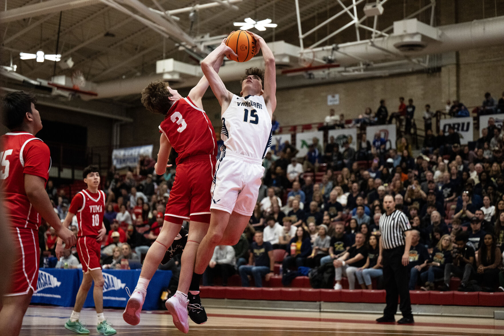Yuma’s Brody Sheffield (3) knocks the ball away from Vanguard’s Mason Hoover (15) in the second half of the 3A boys basketball state championships on Saturday, March 9, 2024, at the University of Denver’s Hamilton Gym in Denver. (Parker Seibold, The Gazette) (Parker Seibold)