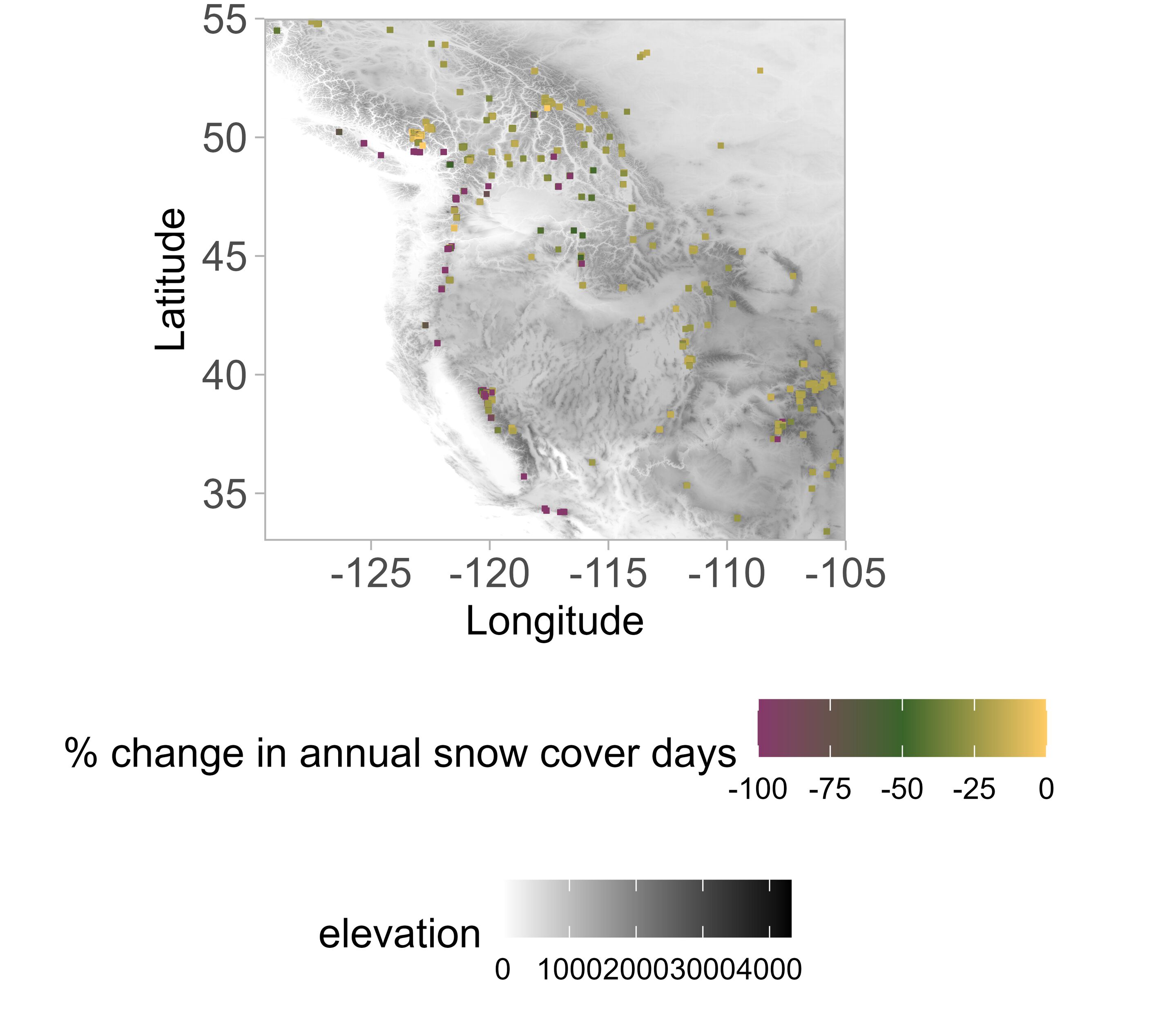 A map of the percentage change in annual snow cover days for the Rocky Mountains and ski areas of the American West. (Plos One)