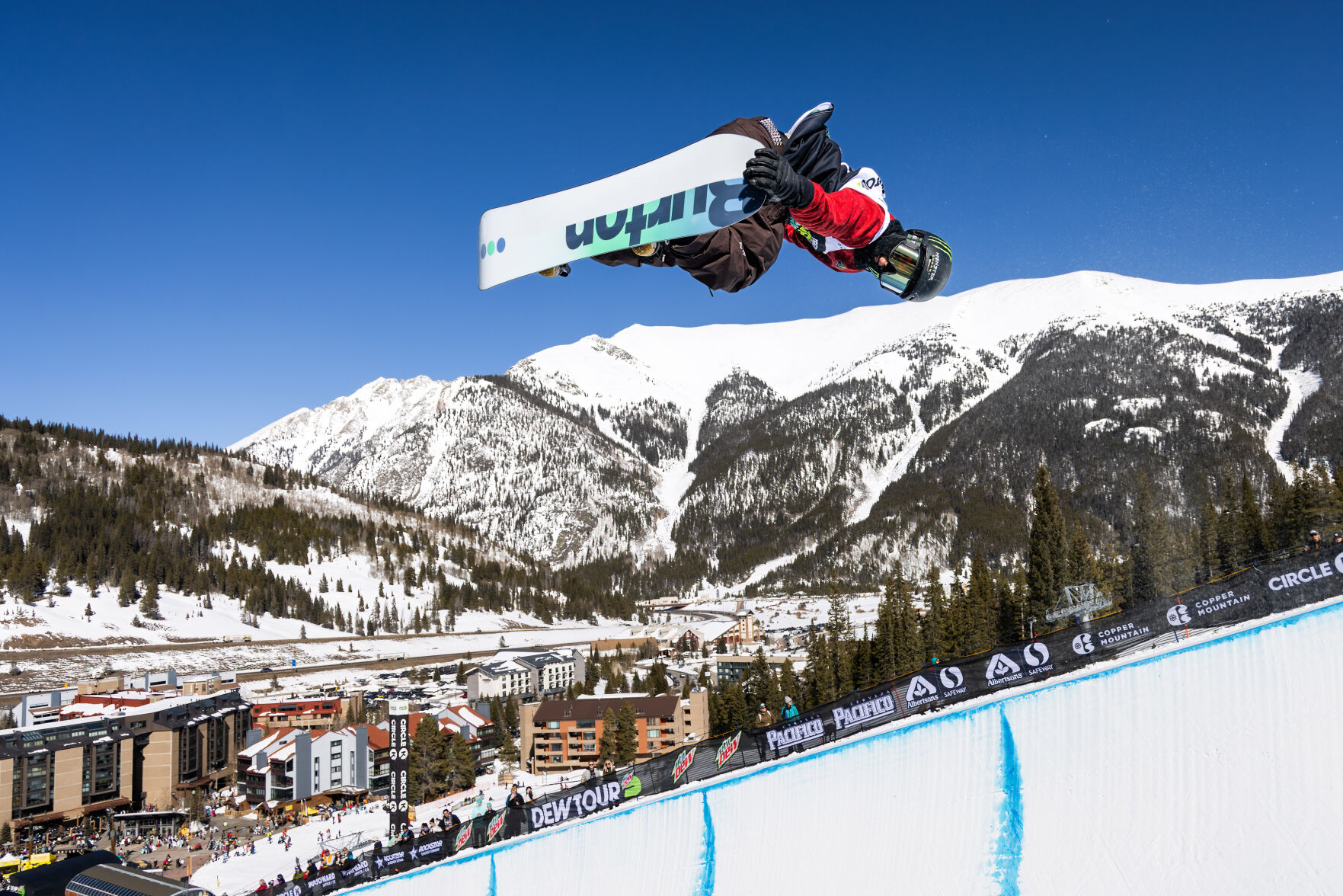 Kaishu Hirano warms up on the the DewTour Superpipe at at Copper Mountain in Frisco, Colo. on Saturday, Mar. 9, 2024. The U.S. Air Force High Air snowboard award went to Kaishu Hirano clocking in at 19.9 feet. (Liz Copan / special to The Gazette) (LIZ COPAN)