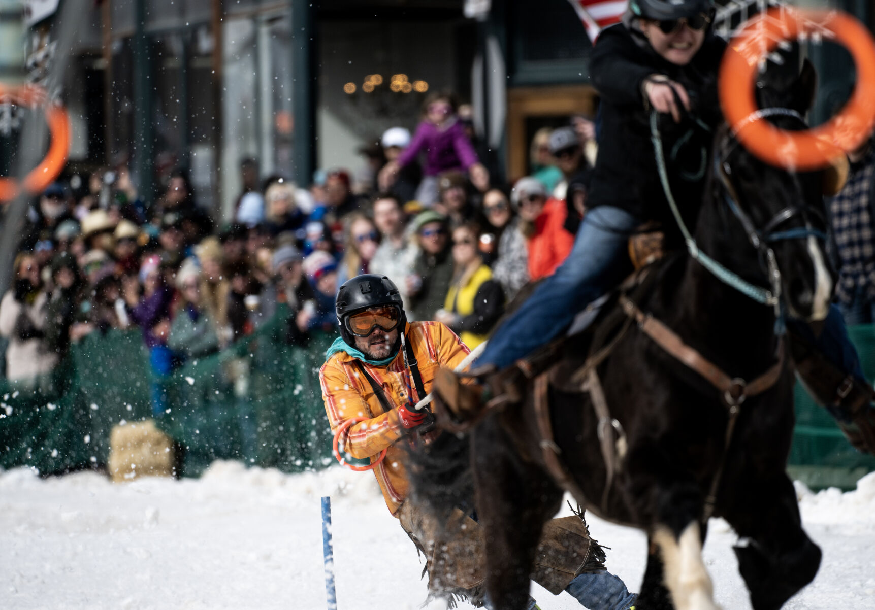 Heath Kennedy is pulled by Grace Kennedy in the sport division of the 76th Annual Leadville Ski Joring on Saturday, March 2, 2024, in Leadville, Colo. (Parker Seibold, The Gazette) (Parker Seibold)