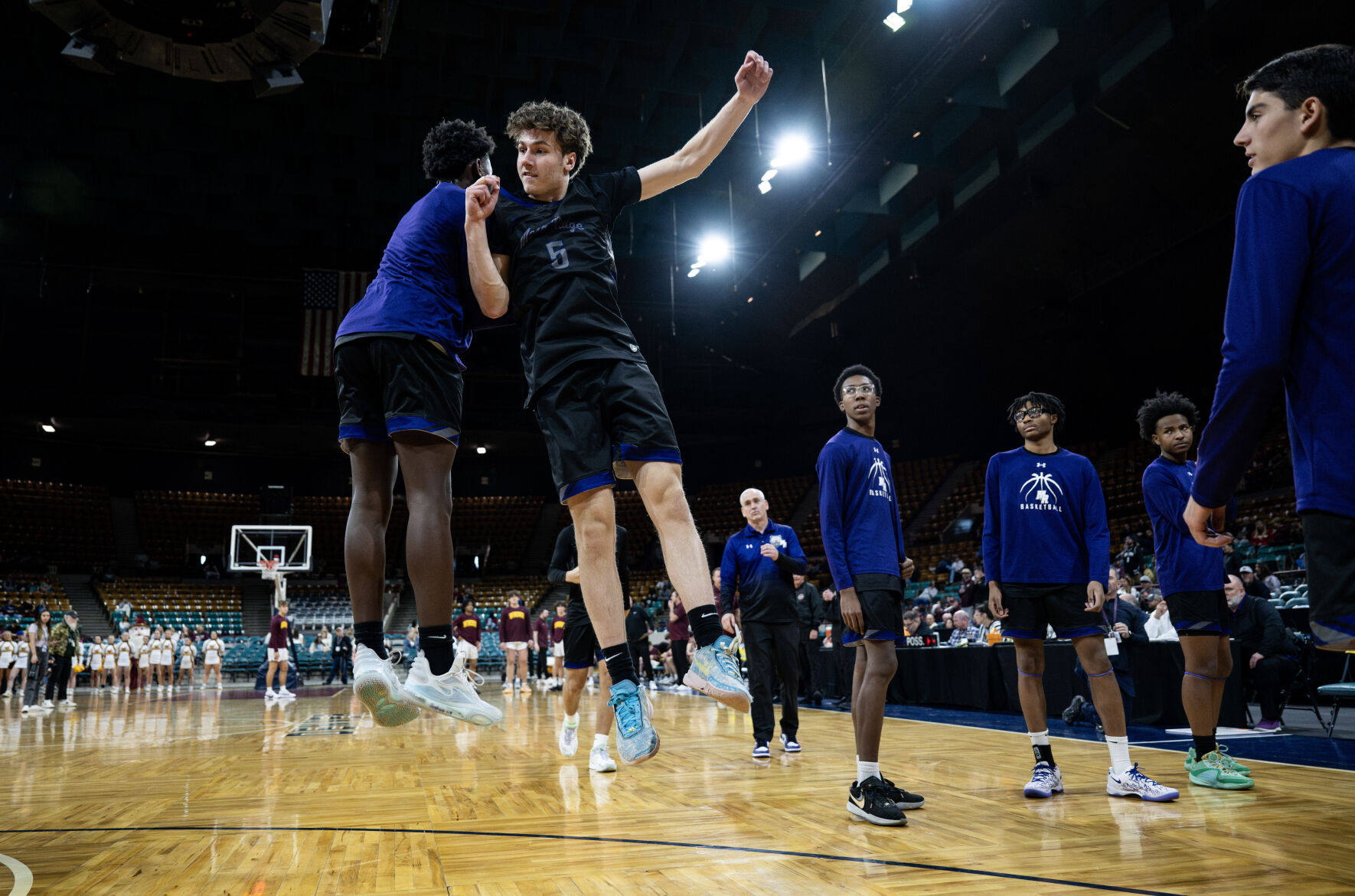 The Mesa Ridge boys basketball team wins their second consecutive 5A boys basketball state championship over Windsor on Saturday, March 9, 2024, at the Denver Coliseum in Denver. The Grizzlies won 57-53. (Parker Seibold, The Gazette) (Parker Seibold)