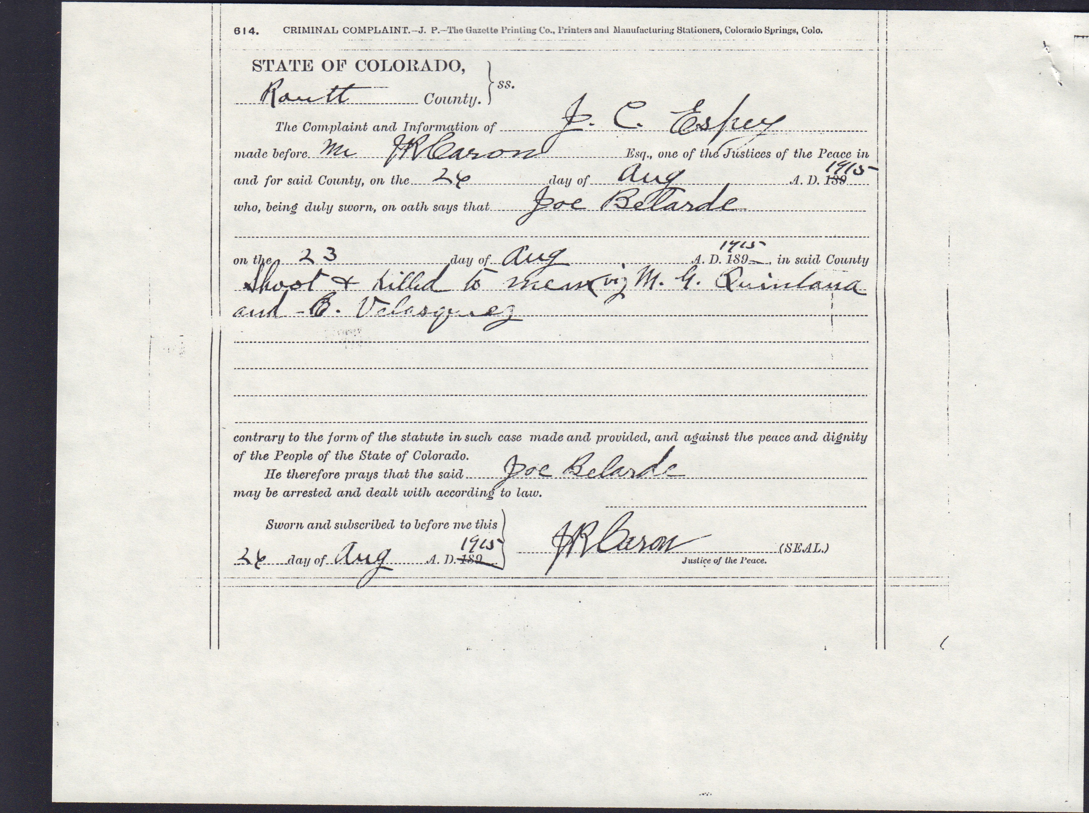 This is the court record of Joe Belardi's Aug. 16, 2015 arrest for the murder of two companions. (Courtesy photo, Colorado History Museum)