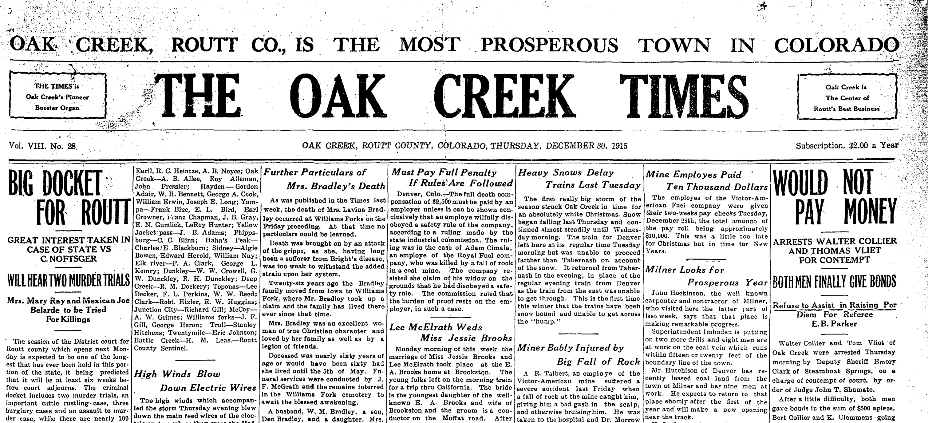 Joe Belardi/Belarde's arrest and trial were heavily covered by the local papers. This is an article from The Oak Creek Times written. Dec. 30, 1915 announcing that the upcoming trial would run along with the trial of a woman accused of killing her husband. (Courtesy photo, History Colorado)