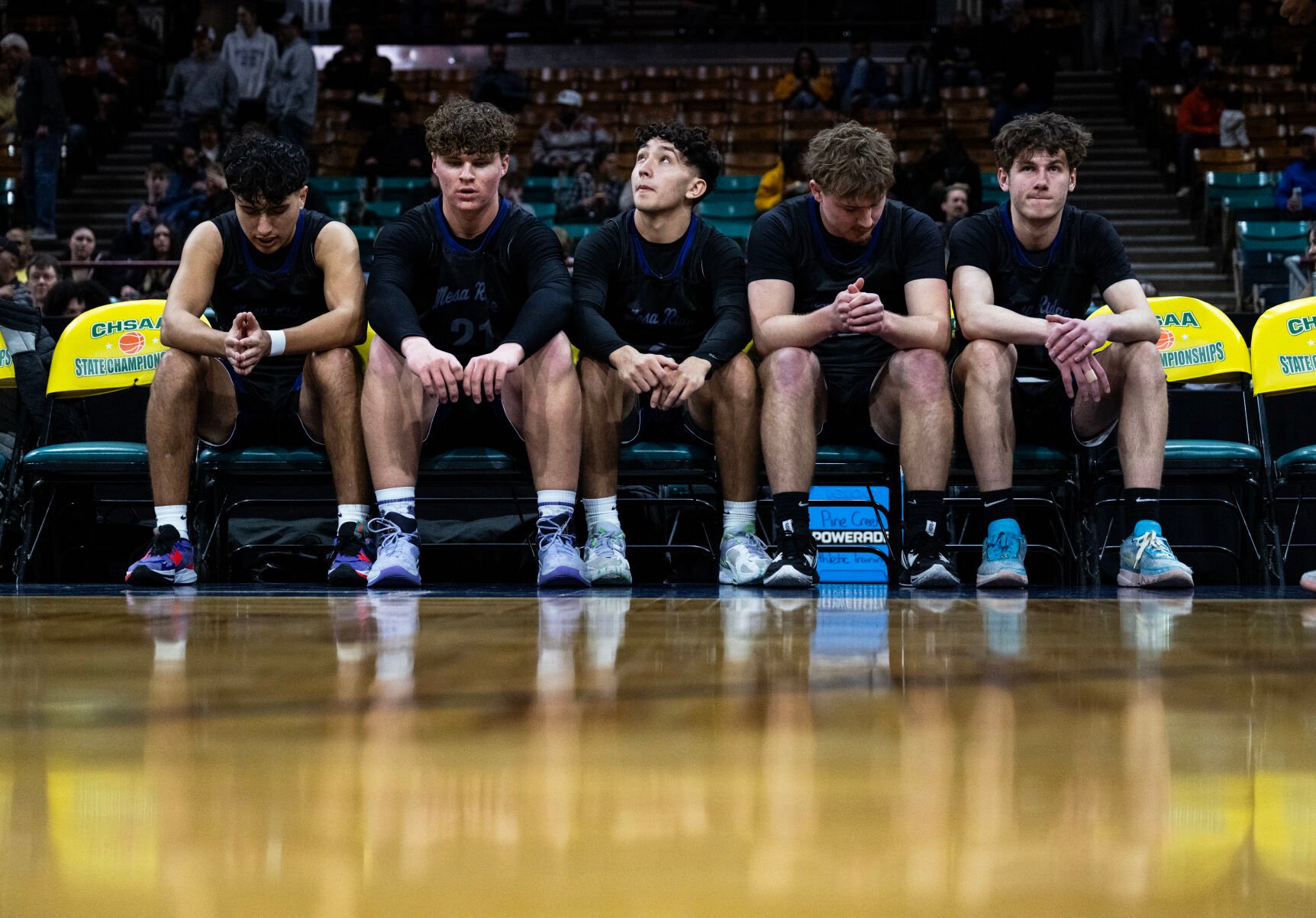 The Mesa Ridge boys basketball team wins their second consecutive 5A boys basketball state championship over Windsor on Saturday, March 9, 2024, at the Denver Coliseum in Denver. The Grizzlies won 57-53. (Parker Seibold, The Gazette) (Parker Seibold)