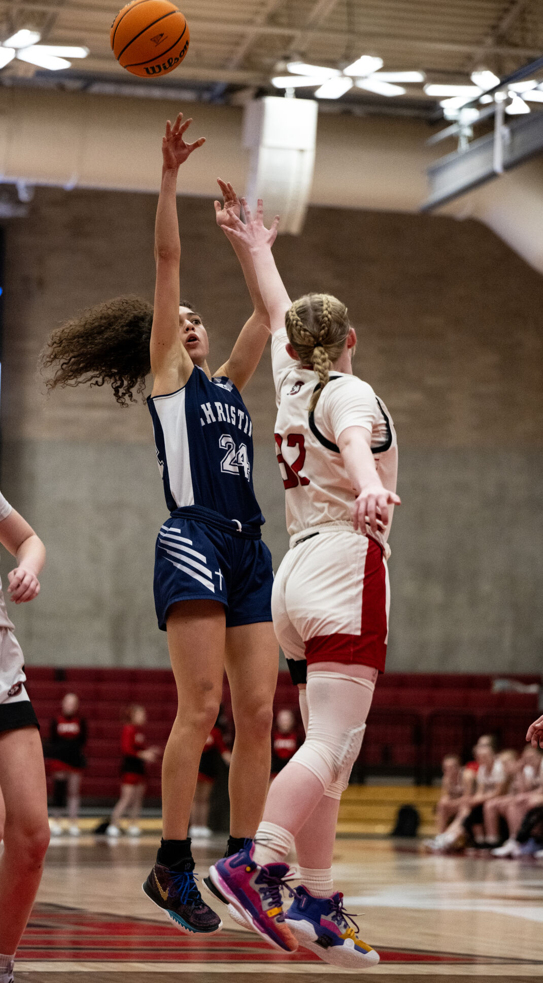 Colorado Springs Christian School’s Grace Minihane (24) takes a shot against Peyton in the second half of the 3A girls basketball state championships on Saturday, March 9, 2024, at the University of Denver’s Hamilton Gym in Denver. (Parker Seibold, The Gazette) (Parker Seibold)