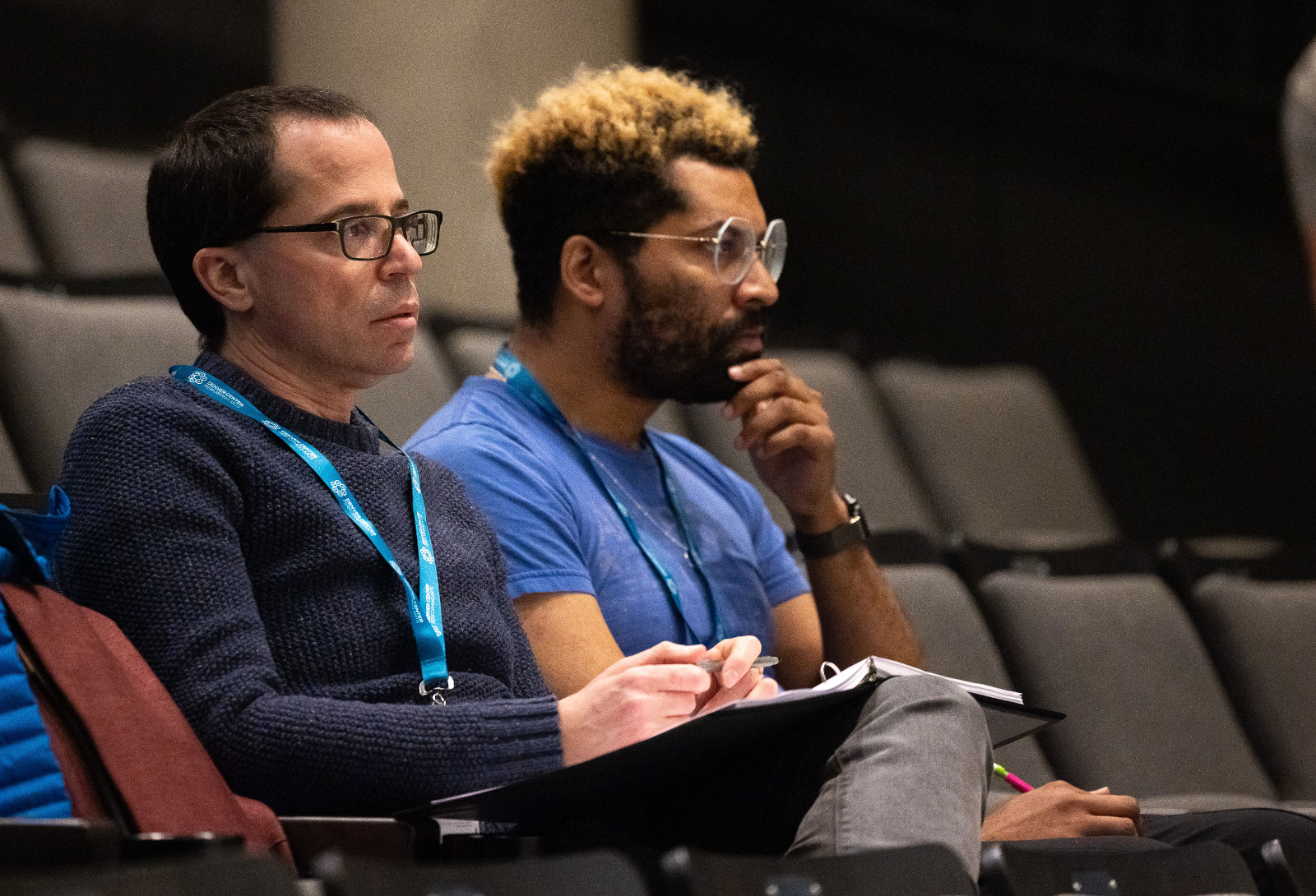 From left, playwright Andrew Rosendorf and director Chip Miller rehearse 