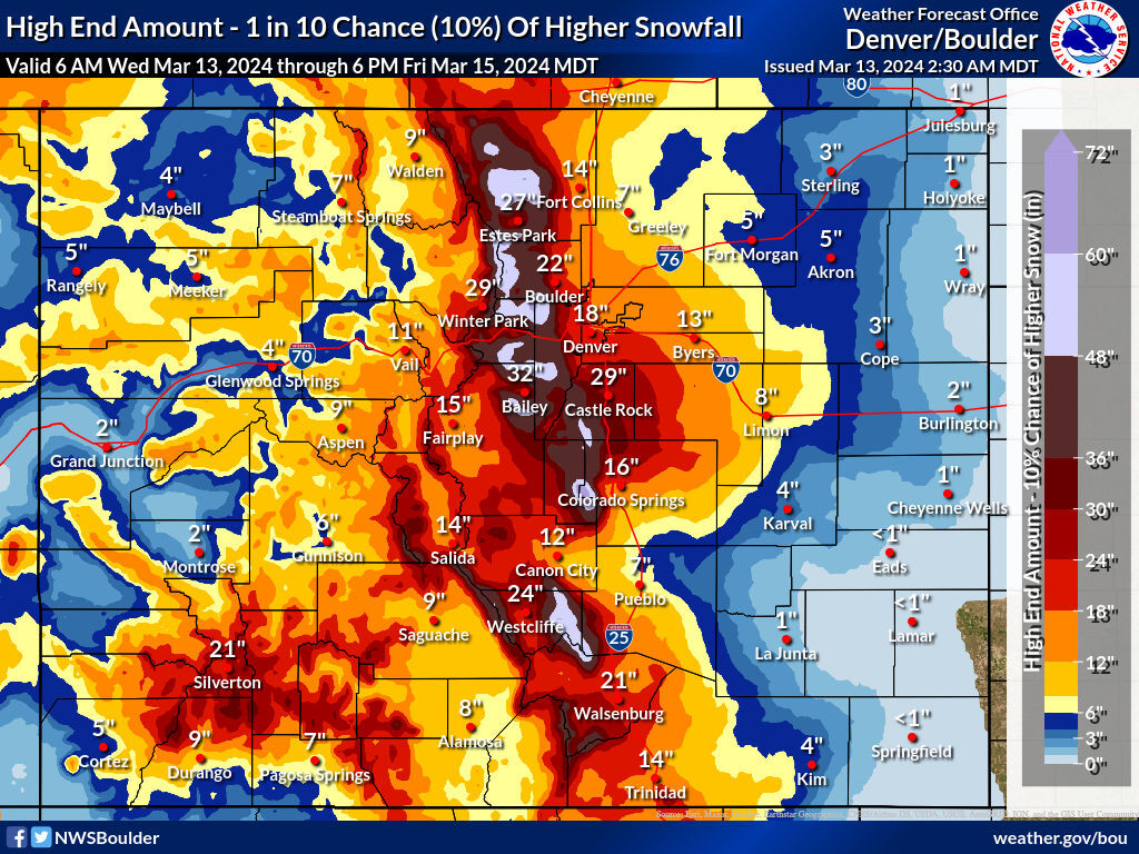 The 'high-end' snowfall forecast. Map Credit: National Weather Service.