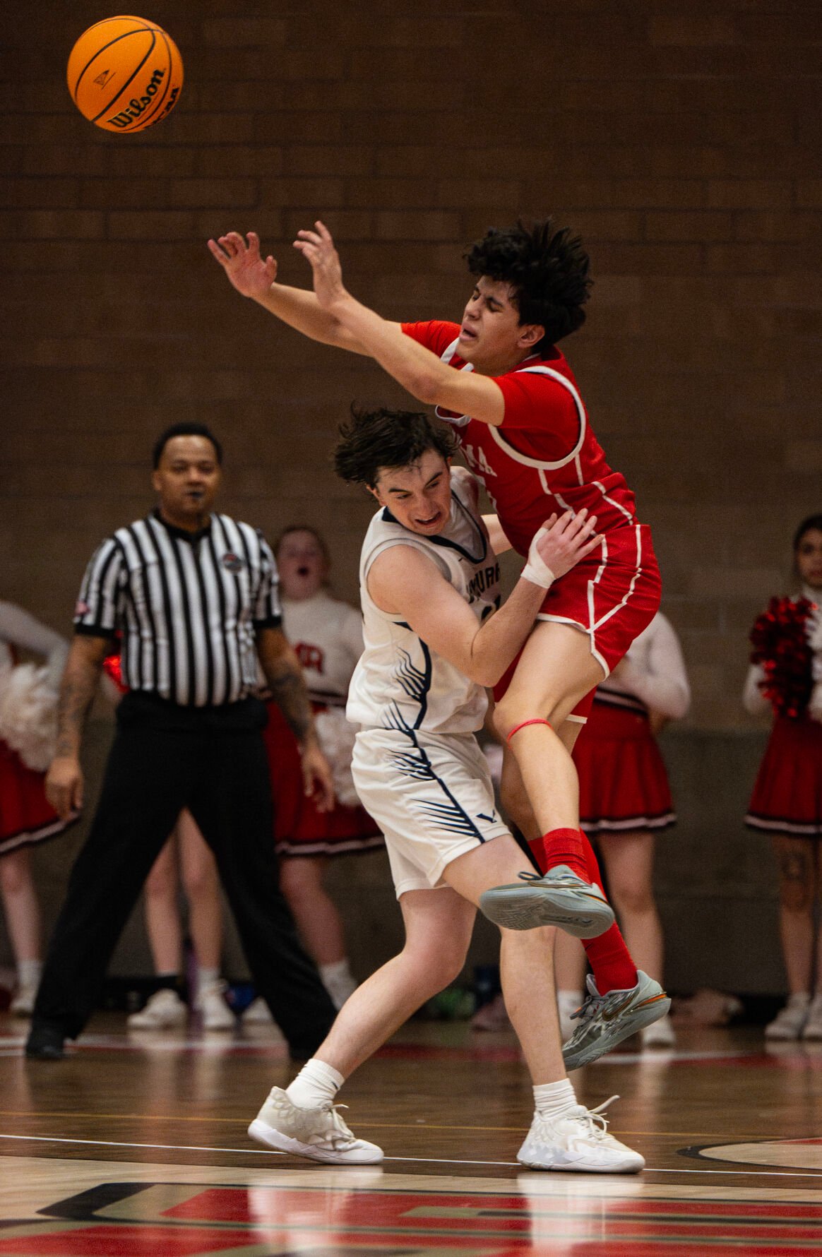 Yuma’s Cesar Gamboa (5) jumps into Vanguard’s Nathan Morris (22) in the second half of the 3A boys basketball state championships on Saturday, March 9, 2024, at the University of Denver’s Hamilton Gym in Denver. (Parker Seibold, The Gazette) (Parker Seibold)