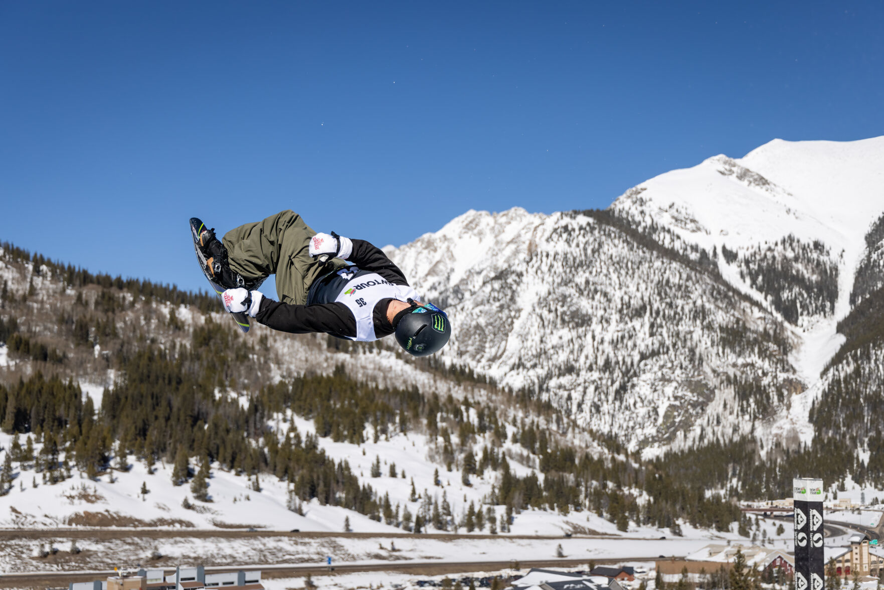 Local Telluride competitor Lucas Foster practices on the DewTour Superpipe at Copper Mountain in Frisco, Colo. on Saturday, Mar. 9, 2024. Foster took home the bronze in the Men’s Snowboard Superpipe Final, nearly landing a never-done-before trick in competition in his second run, an alley oop double mctwist. (Liz Copan / special to The Gazette) (LIZ COPAN)