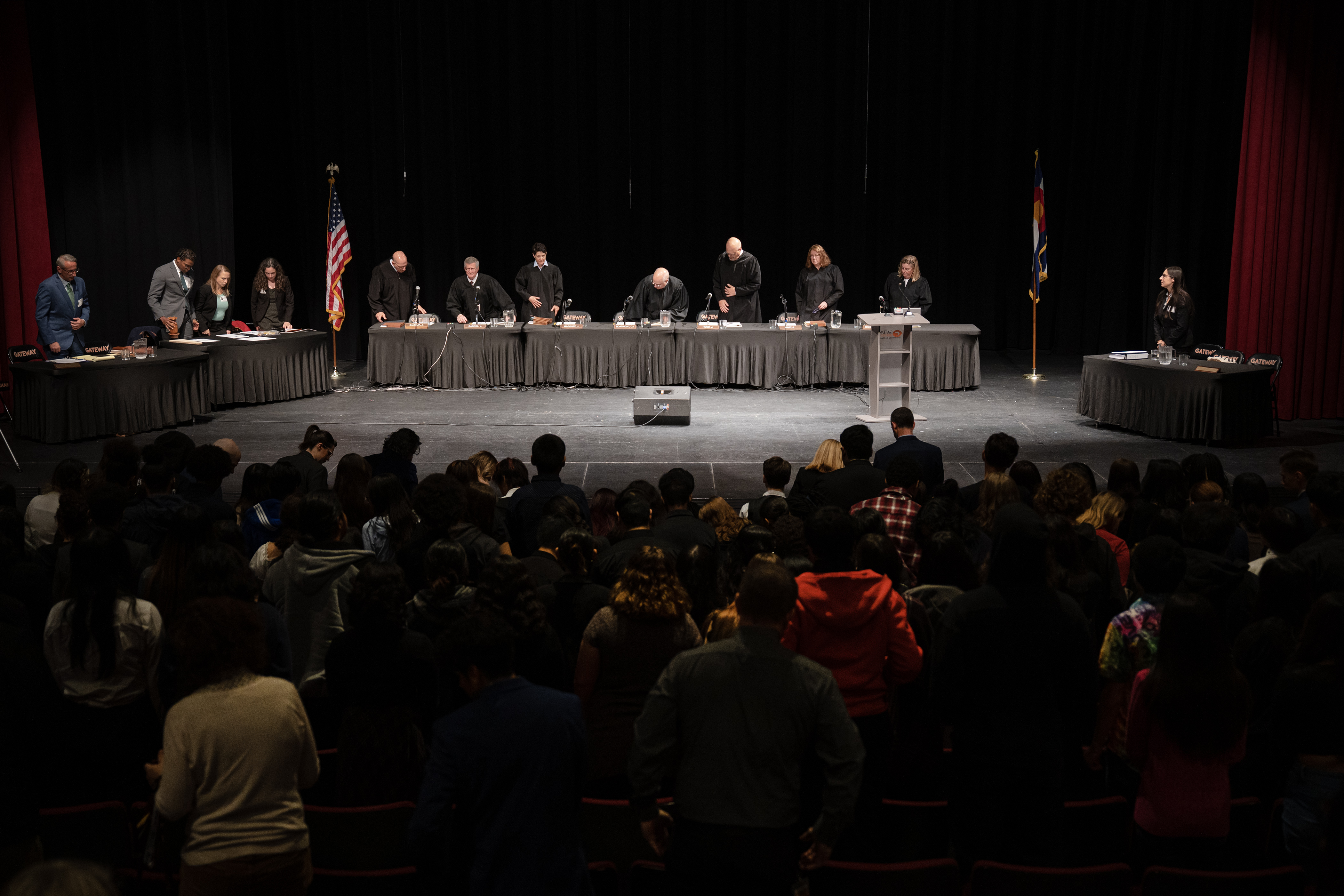 Colorado Supreme Court justices and Gateway High School students the their seats before hearing arguments in the County of Jefferson v. Beverly Stickle case during Courts in the Community on Thursday, Oct. 26, 2023, at Gateway High School in Aurora, Colo. (Timothy Hurst/Denver Gazette) (TimHursttim.hurst@gazette.comhttps://secure.gravatar.com/avatar/aca82bd62b4ee425c598527cd6faa1b1?d=mm&r=g)