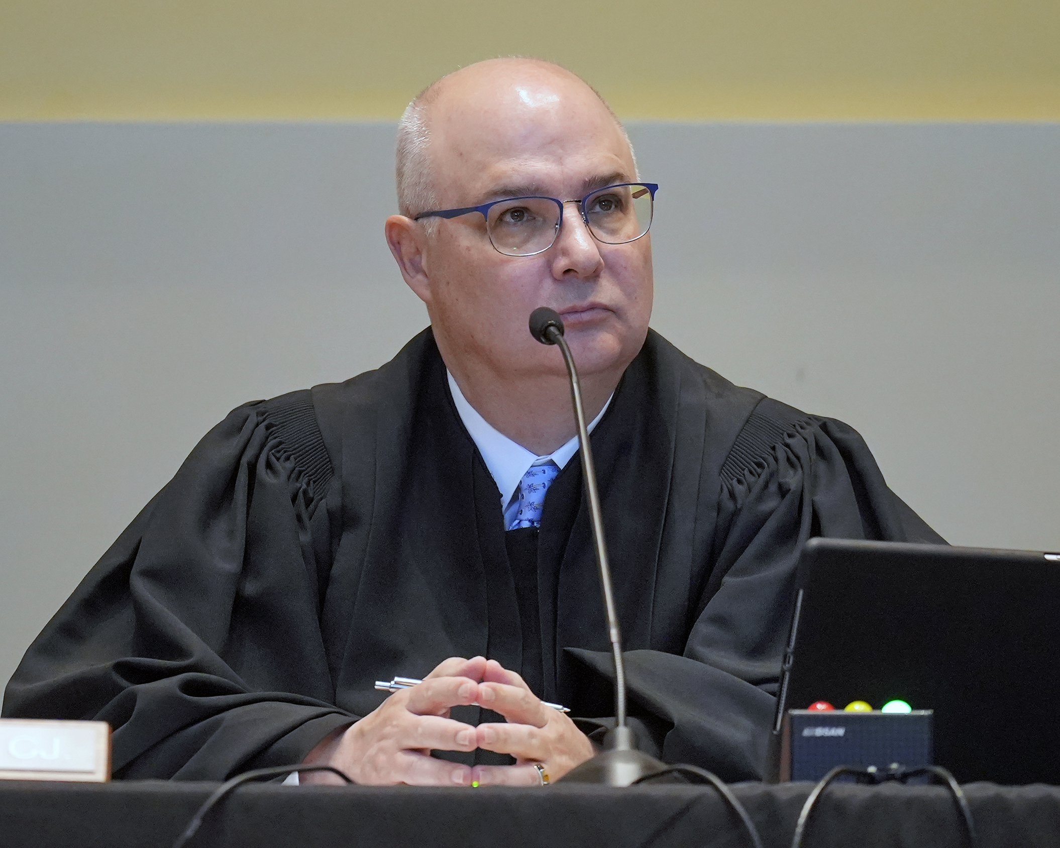 Colorado Supreme Court Justice Brian Boatright listens to oral arguments Thursday, May 4, at Colorado Mesa University in Grand Junction. (Scott Crabtree/Grand Junction Sentinel/Pool)