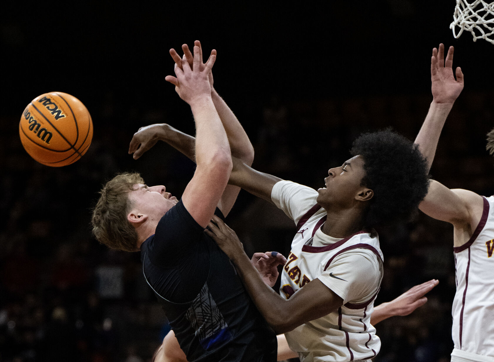 Windsor’s Tadese Keyworth (3) knocks the ball from Mesa Ridge’s Tanner Widic (3) hands in the first half of the 5A boys basketball championships on Saturday, March 9, 2024, at the Denver Coliseum in Denver. (Parker Seibold, The Gazette) (Parker Seibold)