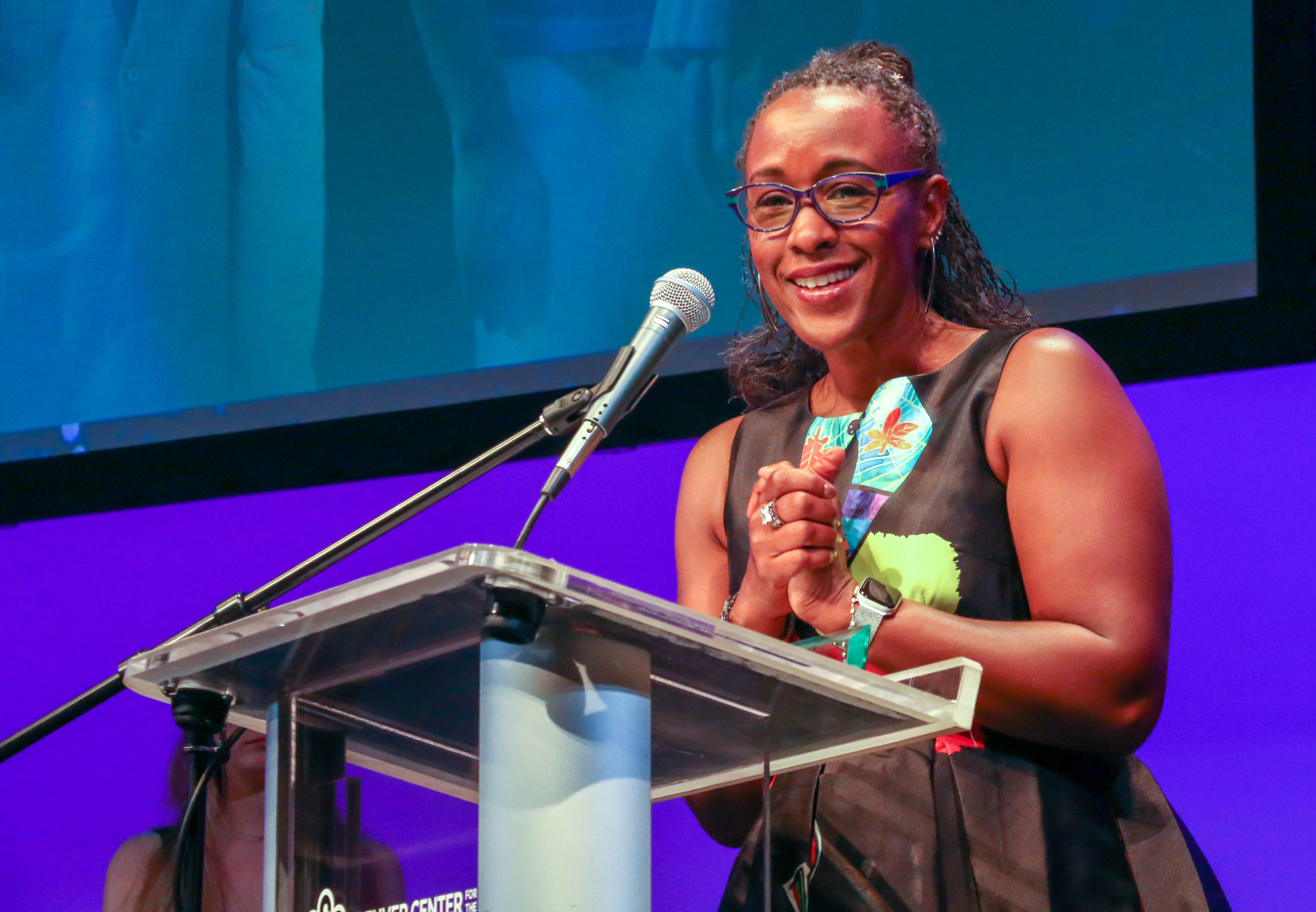 Curious Theatre Artistic Director Jada Suzanne Dixon accepts the Henry Award for Outstanding Direction for her work on the Butterfly Effect Theatre of Colorado's 'The Royale.' The Henry Awards were presented on July 24, 2023, at the Denver Center. (JOHN MOORE)