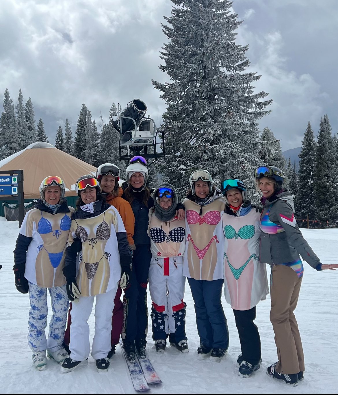 The Thera-skiers at Vail Mountain before they got stranded. On the last day of the season, they wear bikini t-shirts over their ski clothes. (Courtesy photo, Kris Kerr)