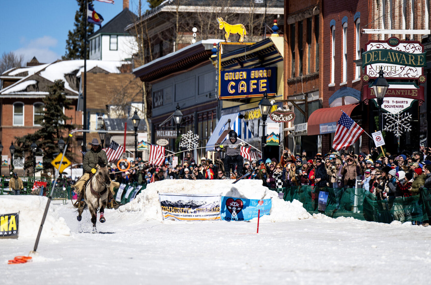 A horse and rider pull a skier through the course at the 76th Annual Leadville Ski Joring on Saturday, March 2, 2024, in Leadville, Colo. (Parker Seibold, The Gazette) (Parker Seibold)
