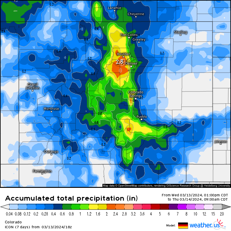 A Weather.us forecast map shows the potential total accumulation levels of water-equivalent precipitation as of 9 a.m., Thursday, March 14 for Colorado. Depending on the density of the snow, one inch of water is equivalent to 10 inches of snow based on a common rule of thumb ratio of 10:1. (Weather.us)
