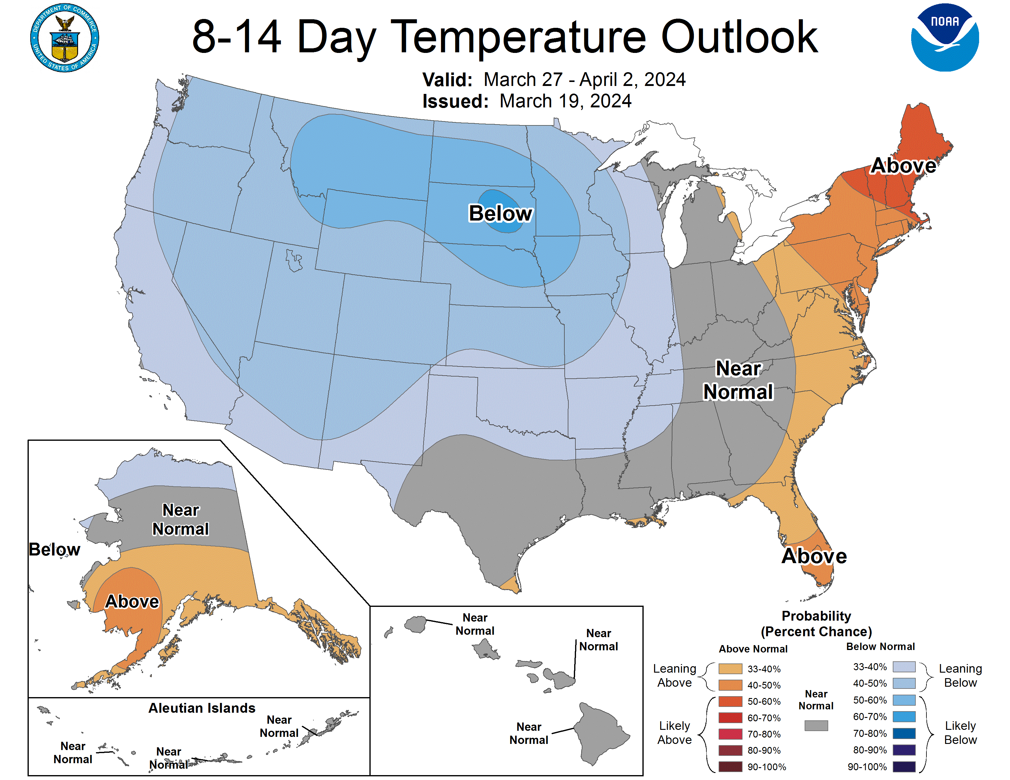 8-14 day temperature outlook Colorado March 27 - April 4, 2024. (NOAA)