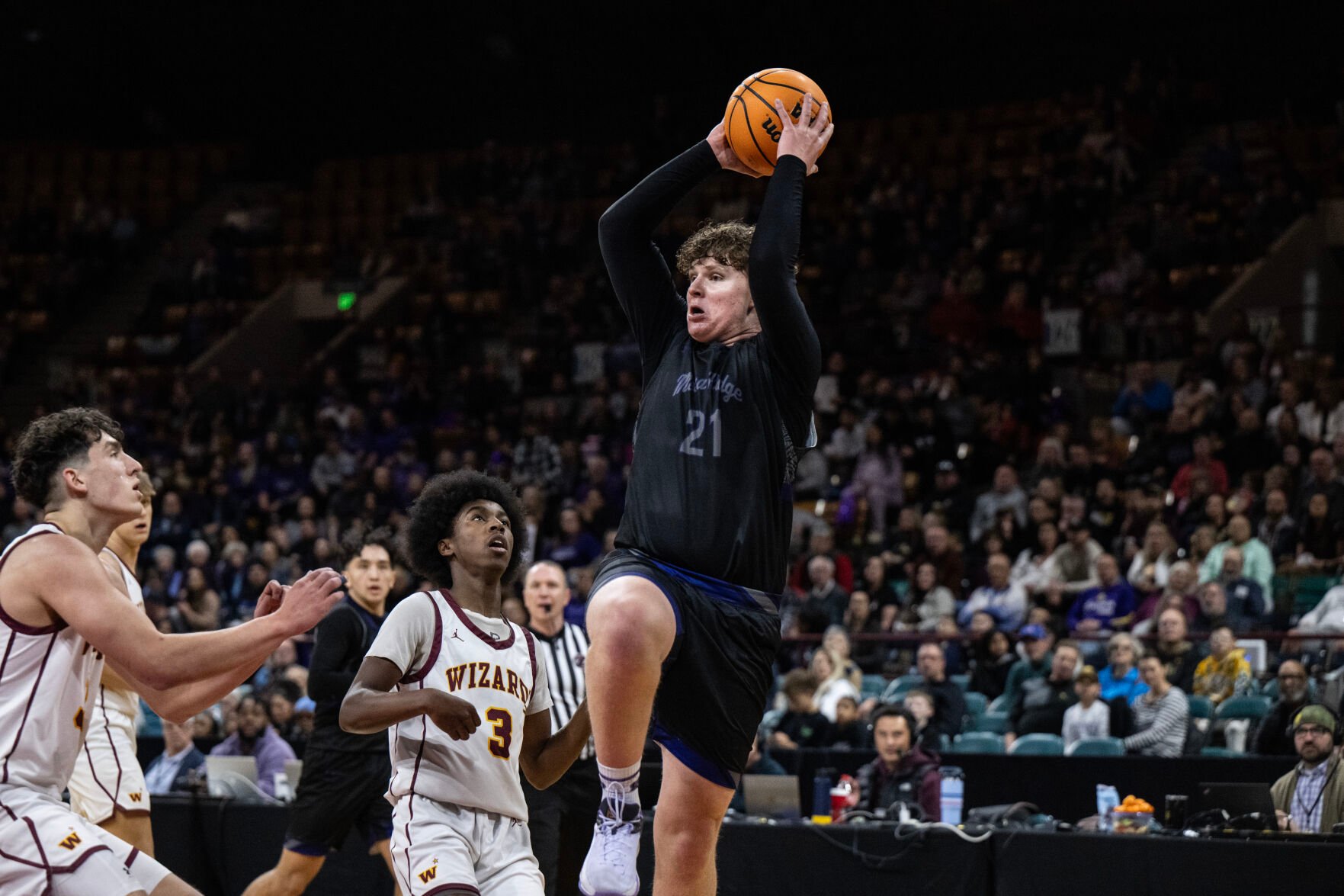 The Mesa Ridge boys basketball team wins their second consecutive 5A boys basketball state championship over Windsor on Saturday, March 9, 2024, at the Denver Coliseum in Denver. The Grizzlies won 57-53. (Parker Seibold, The Gazette) (Parker Seibold)