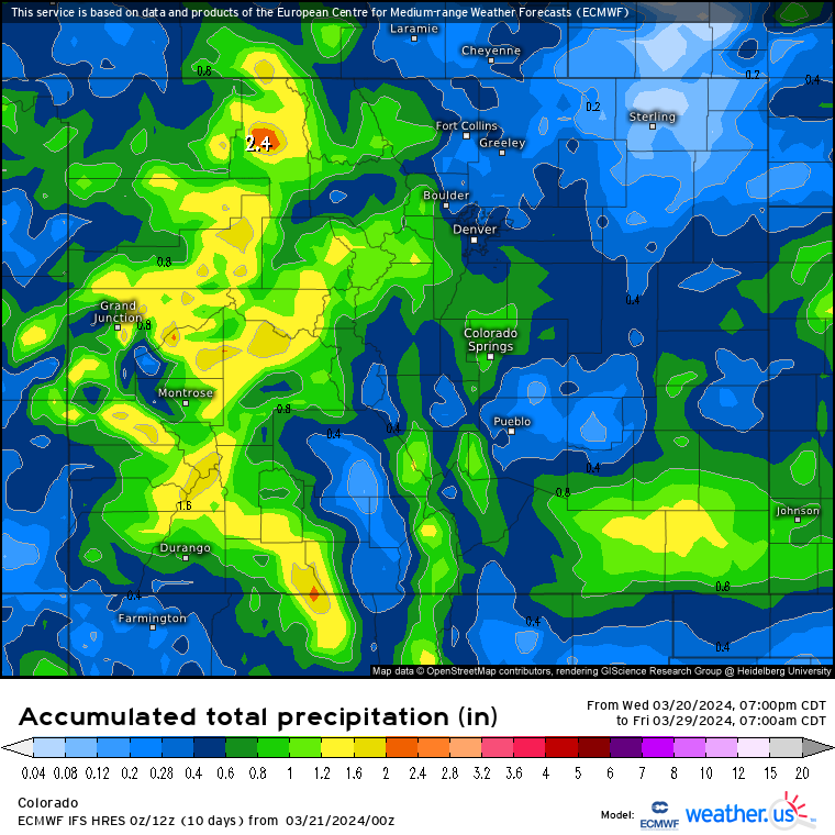 A Weather.us forecast map from the ECMWF model shows the potential total accumulation levels of water-equivalent precipitation as of 7 a.m., Friday, March 29 for Colorado. Depending on the density of the snow, one inch of water is equivalent to 10 inches of snow based on a common rule of thumb ratio of 10:1. (Weather.us)