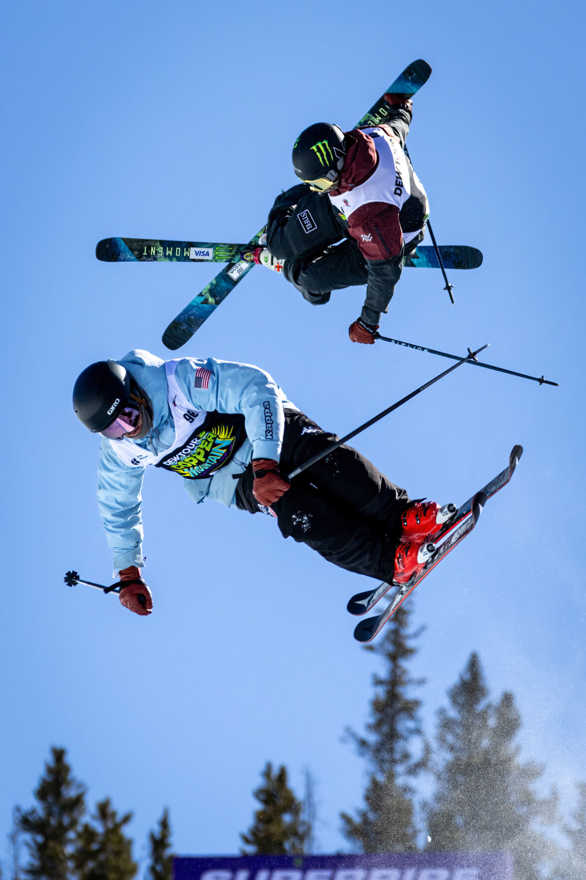 Mike Riddle and Davis Wise get in some practice runs on the Dew Tour Superpipe at Copper Mountain in Frisco, Colo. on Saturday, Mar. 9, 2024. (Liz Copan / special to The Gazette) (LIZ COPAN)