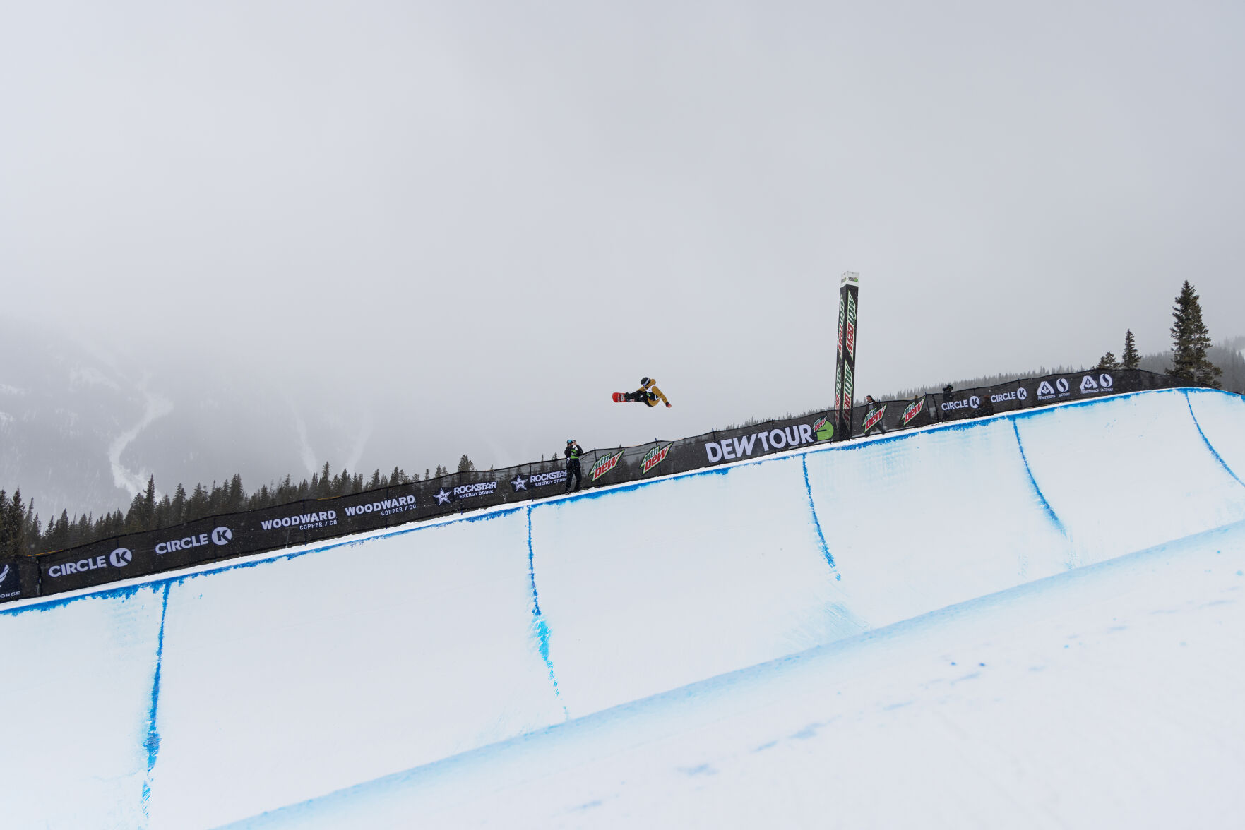 Chase Josey practices on the Dew Tour Superpipe as a wall of snow approaches on Friday, Mar. 8, 2024, at Copper Mountain in Frisco, Colo. (Liz Copan/special to The Gazette) (LIZ COPAN)