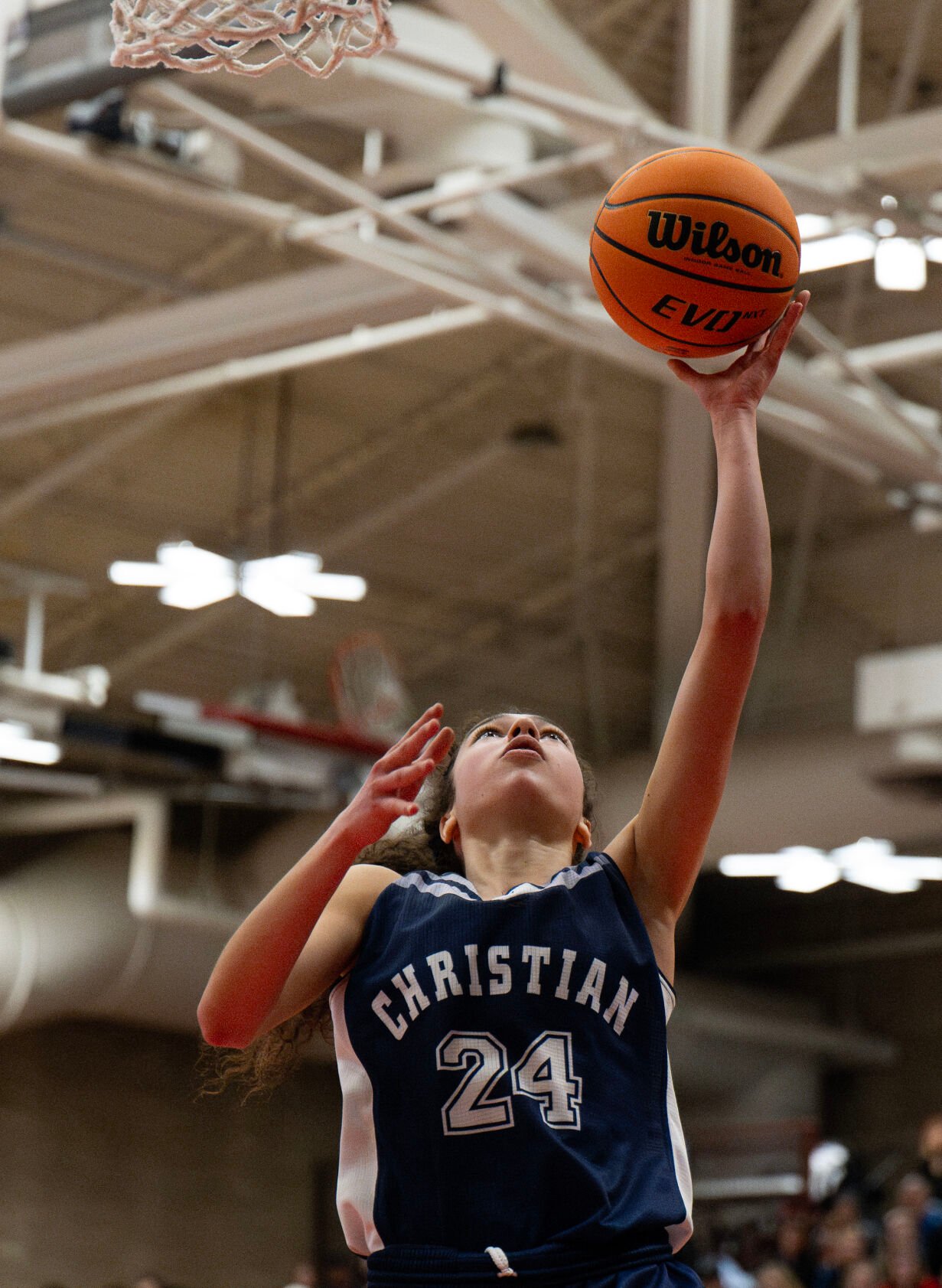 Colorado Springs Christian School’s Grace Minihane (24) scores against Peyton in the second half of the 3A girls basketball state championships on Saturday, March 9, 2024, at the University of Denver’s Hamilton Gym in Denver. (Parker Seibold, The Gazette) (Parker Seibold)