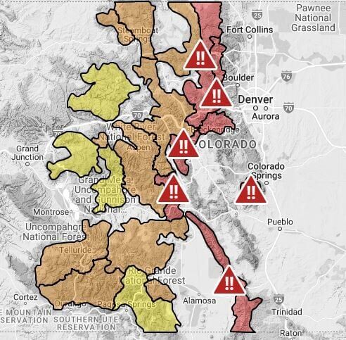 Much of the Front Range has high risk of avalanches on Friday. (Screeb grab, courtesy of CAIC)