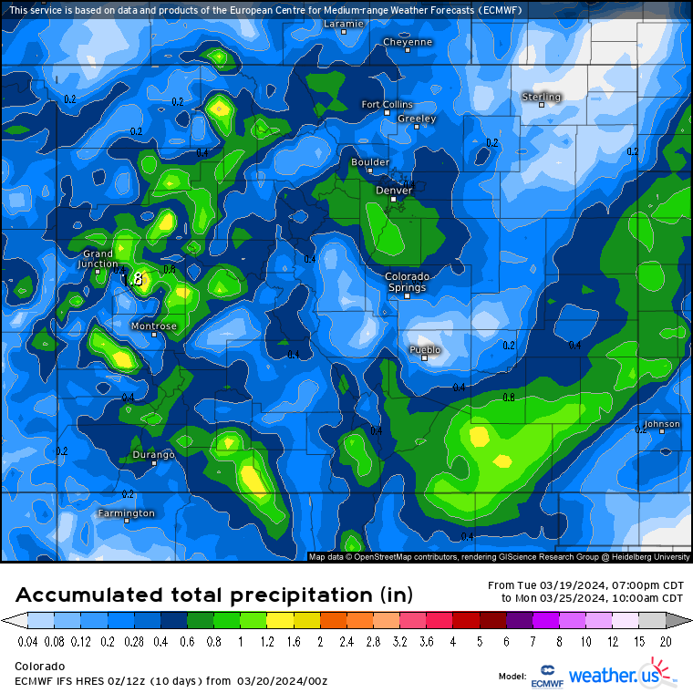 A Weather.us forecast map from the ECMWF model shows the potential total accumulation levels of water-equivalent precipitation as of 10 a.m., Monday, March 25 for Colorado. Depending on the density of the snow, one inch of water is equivalent to 10 inches of snow based on a common rule of thumb ratio of 10:1. (Weather.us)