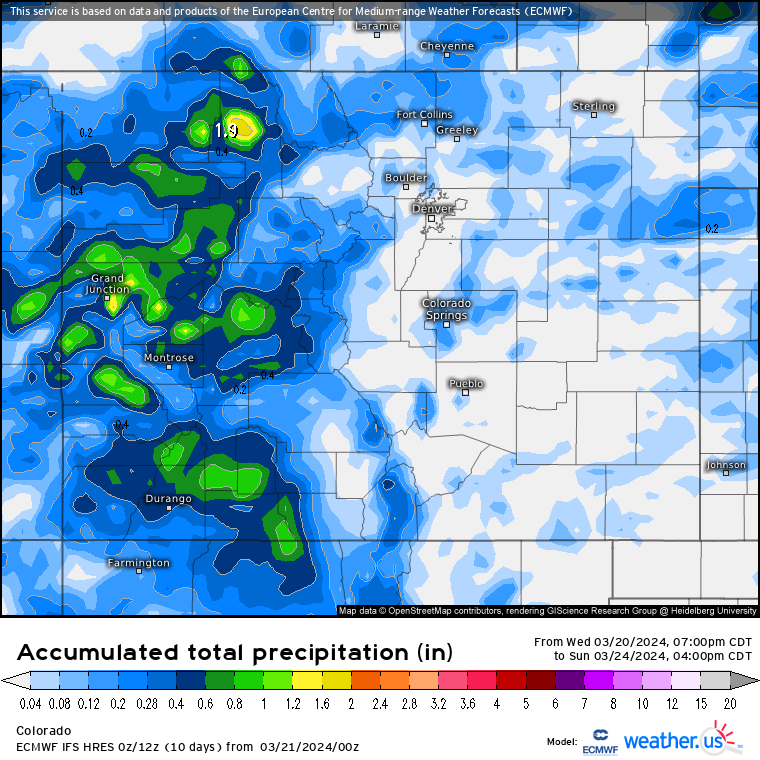 A Weather.us forecast map from the ECMWF model shows the potential total accumulation levels of water-equivalent precipitation as of 7 p.m., Sunday, March 24 for Colorado. Depending on the density of the snow, one inch of water is equivalent to 10 inches of snow based on a common rule of thumb ratio of 10:1. (Weather.us)