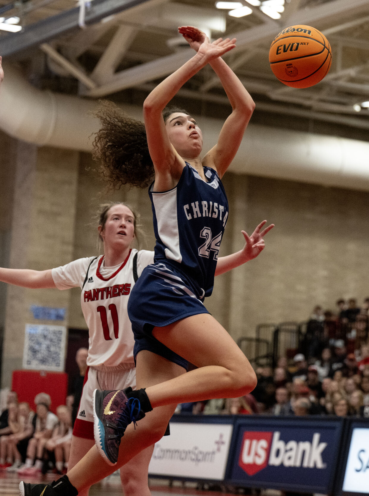 Colorado Springs Christian School’s Grace Minihane (24) loses control of the ball in the second half of the 3A girls basketball state championships against Peyton on Saturday, March 9, 2024, at the University of Denver’s Hamilton Gym in Denver. (Parker Seibold, The Gazette) (Parker Seibold)