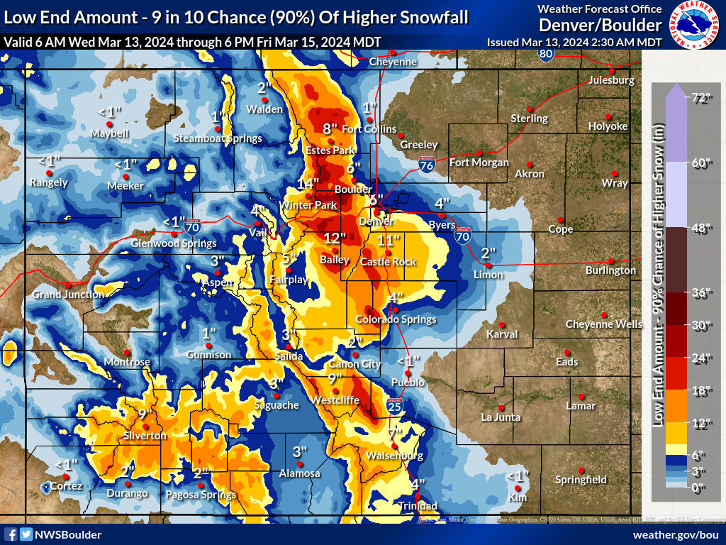 The 'low end' snowfall forecast. Map Credit: National Weather Service.