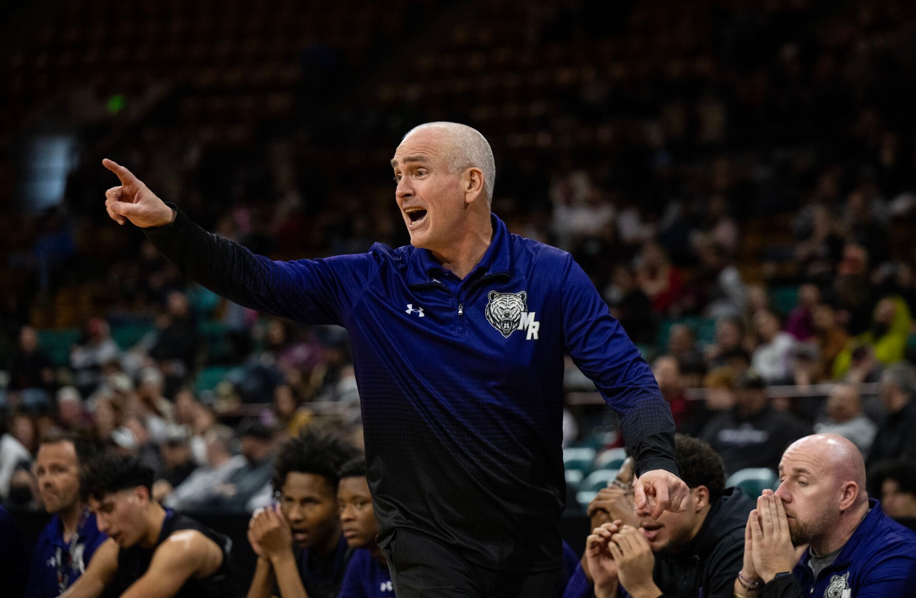 The Mesa Ridge boys basketball team wins their second consecutive 5A boys basketball state championship over Windsor on Saturday, March 9, 2024, at the Denver Coliseum in Denver. The Grizzlies won 57-53. (Parker Seibold, The Gazette) (Parker Seibold)