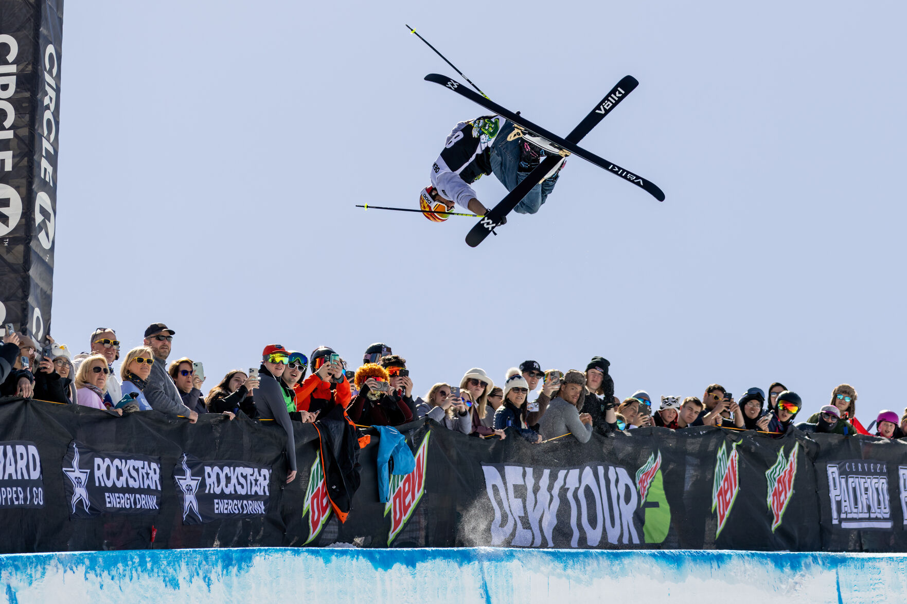 Nick Goepper soars above an excited crowd during competition in the Dew Tour Men’s Ski Superpipe Finals at Copper Mountain on Saturday, Mar. 9, 2024. Goepper took silver in the event with a score of 91.00. (Liz Copan / special to The Gazette) (LIZ COPAN)