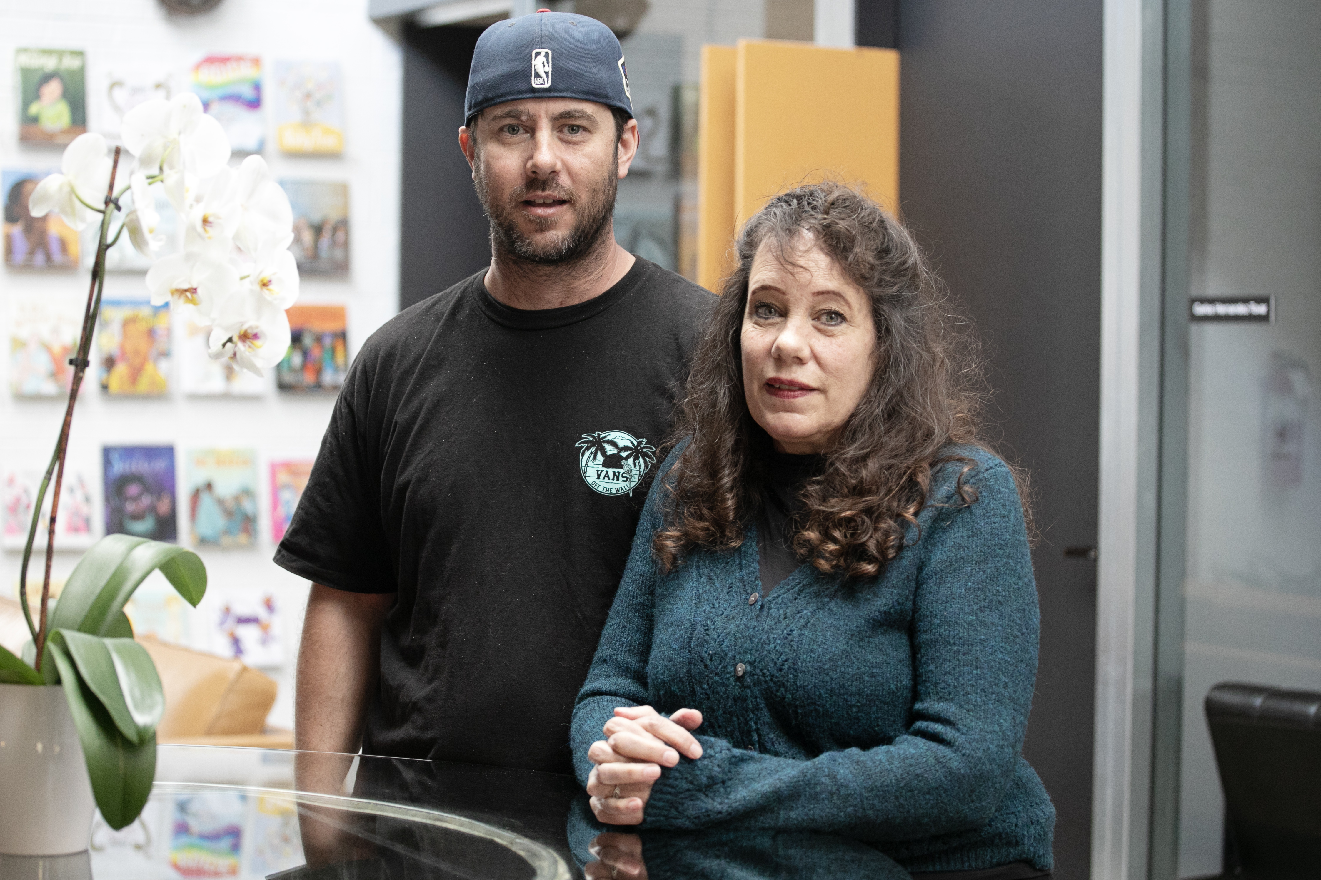 Blake Stacey, left, and Karen Kay Thompson, Brent Thompson's brother and mother, talk to members of the media about litigation they are bringing against the Larimer County Sheriff's Office deputy who tased their son, leading to his death, while at a lawyer Rathod Mohamedbhai LLC's office in Denver on Monday, April 15, 2024. 