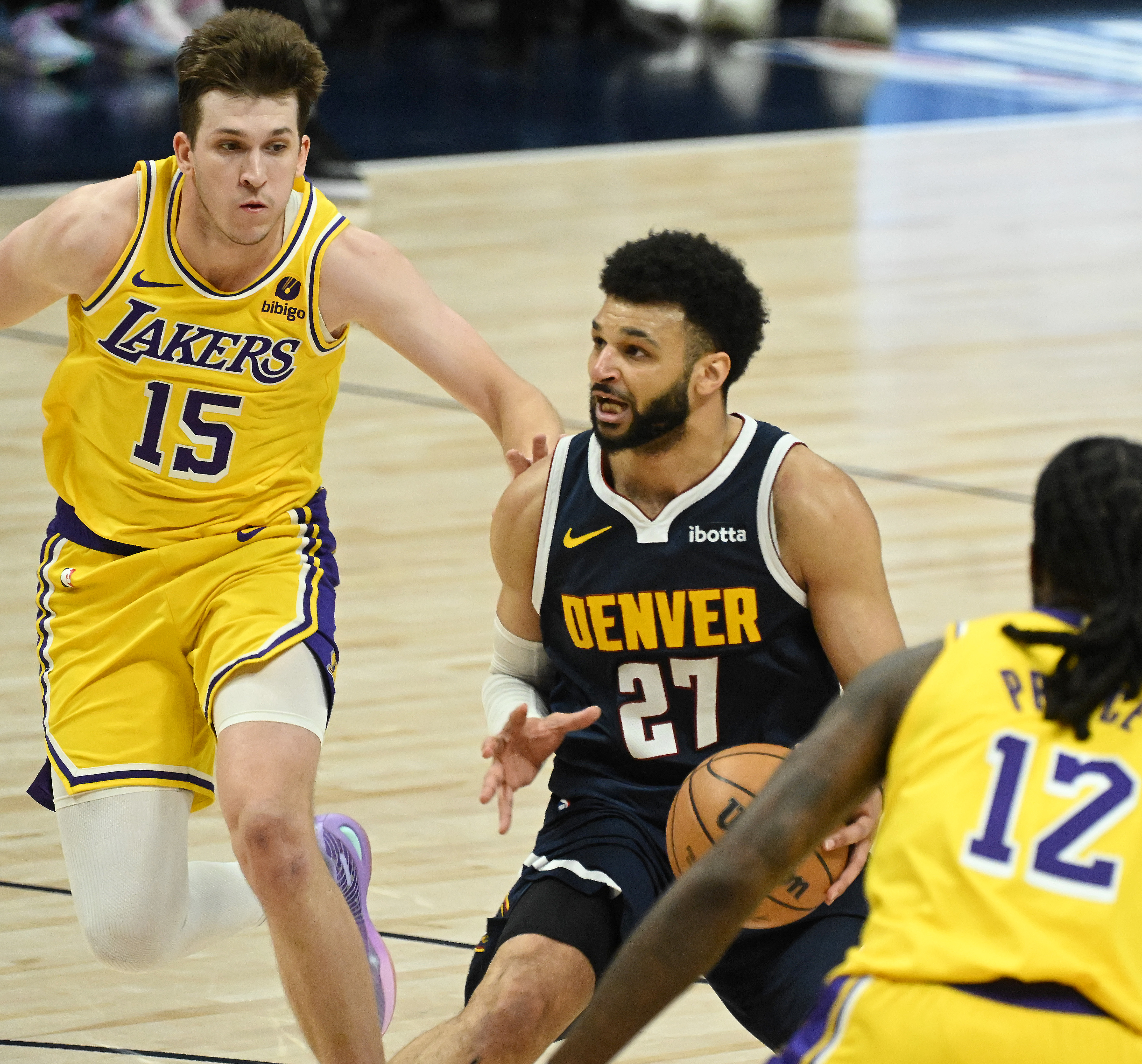 Jamal Murray pulls up before taking the game winning shot during game 5 of the first round of the Western Conference championships at Ball Arena on Monday, April 24, 2024. The Nuggets won the game 108-106. (Photo by Jerilee Bennett, The Gazette)