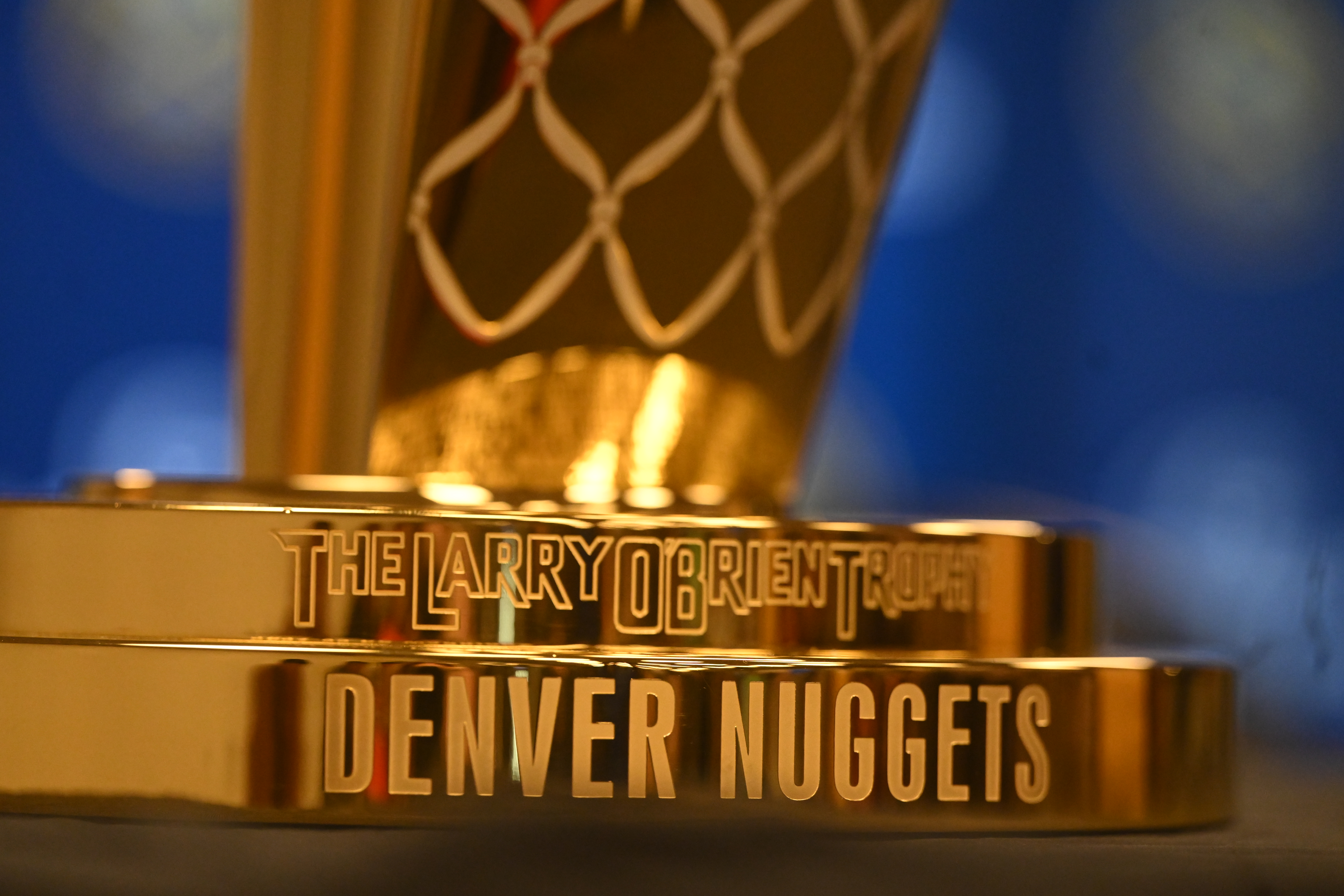 the Larry O'Brien Championship Trophy with the new Denver Nuggets inscription made an appearance during a press conference at media day on Monday, Oct. 2, 2023. All the players and Head Coach Michael Malone took turns being interviewed by sports writers and broadcasters during the media day. The first regular season home game will be against the Lakers on Oct. 24. (Photo by Jerilee Bennett, The Gazette)