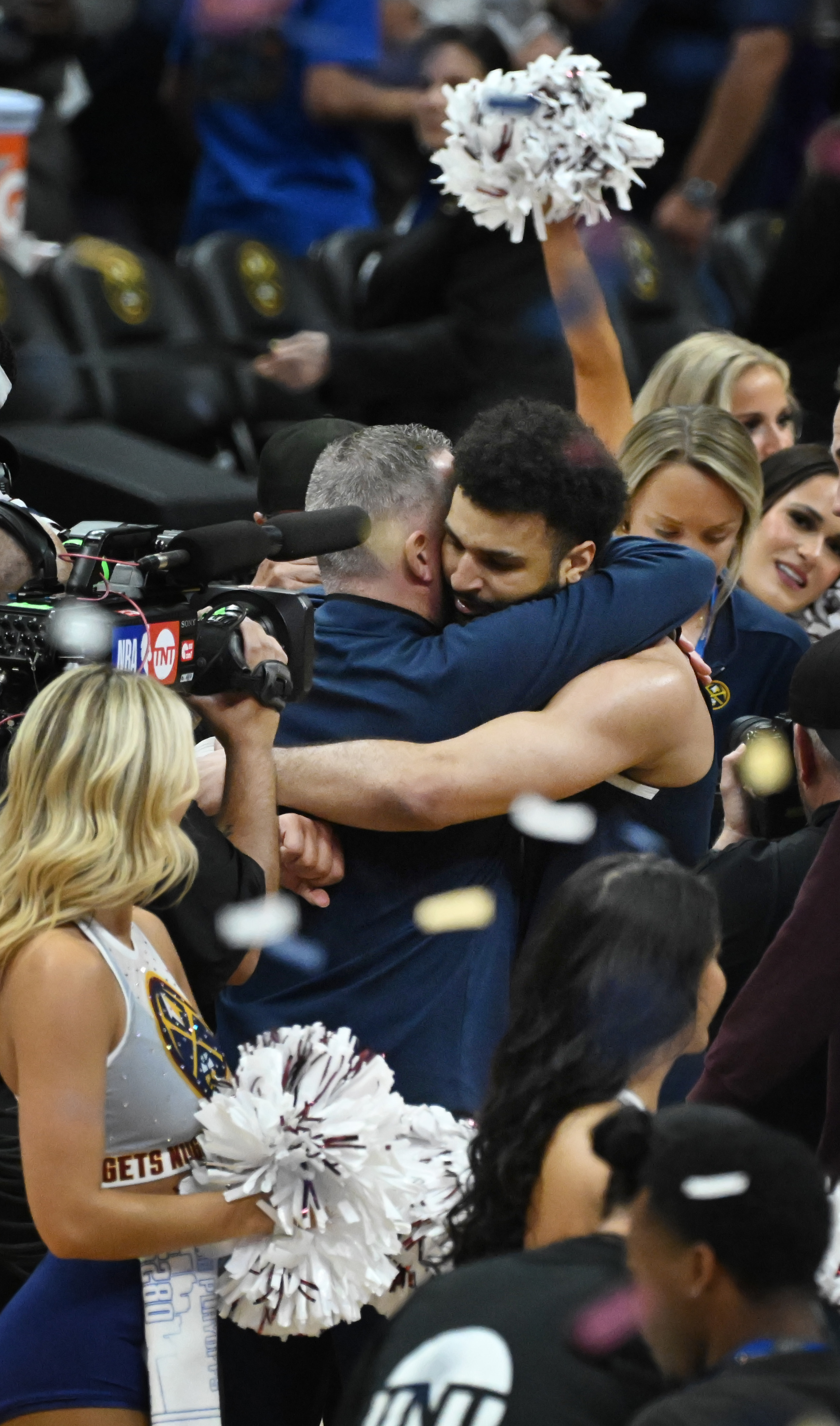 Jamal Murray embraces Head Coach Michael Malone after game 5 of the first round of the Western Conference championships at Ball Arena on Monday, April 24, 2024. The Nuggets won the game 108-106. (Photo by Jerilee Bennett, The Gazette)