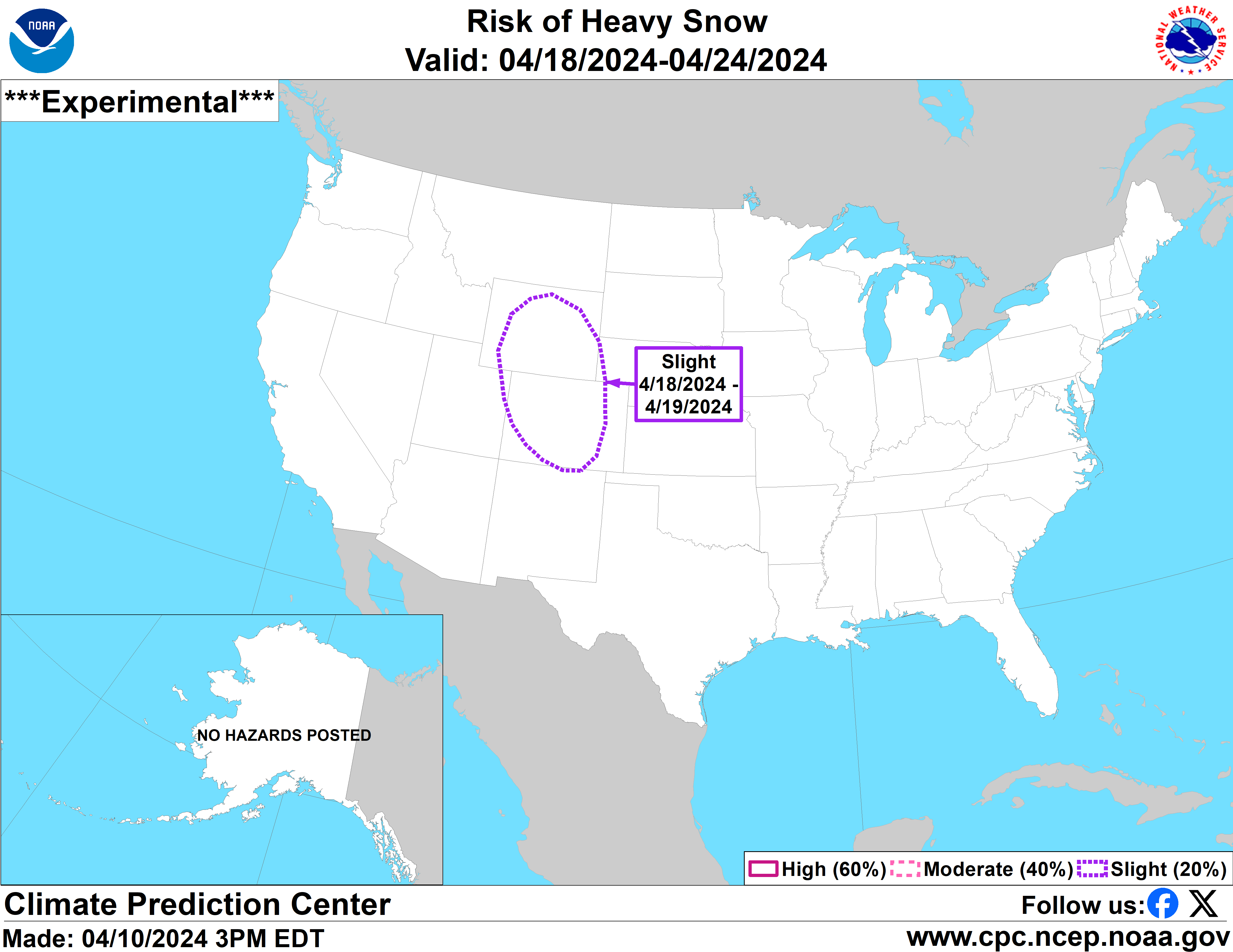 This map shows 'risk of heavy snow' during a date range of April 18 to April 24. Map Credit: National Weather Service.