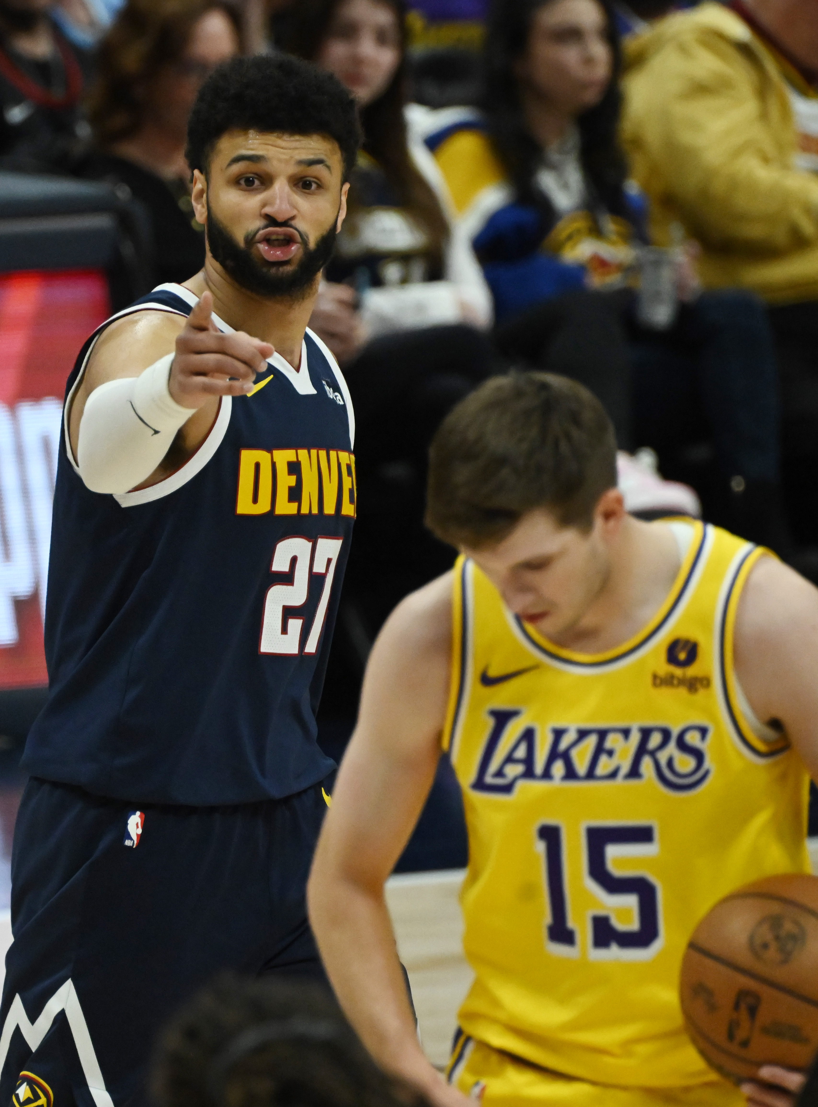 Jamal Murray gives direction to teammates during game 5 of the first round of the Western Conference championships at Ball Arena on Monday, April 24, 2024. The Nuggets won the game 108-106. (Photo by Jerilee Bennett, The Gazette)