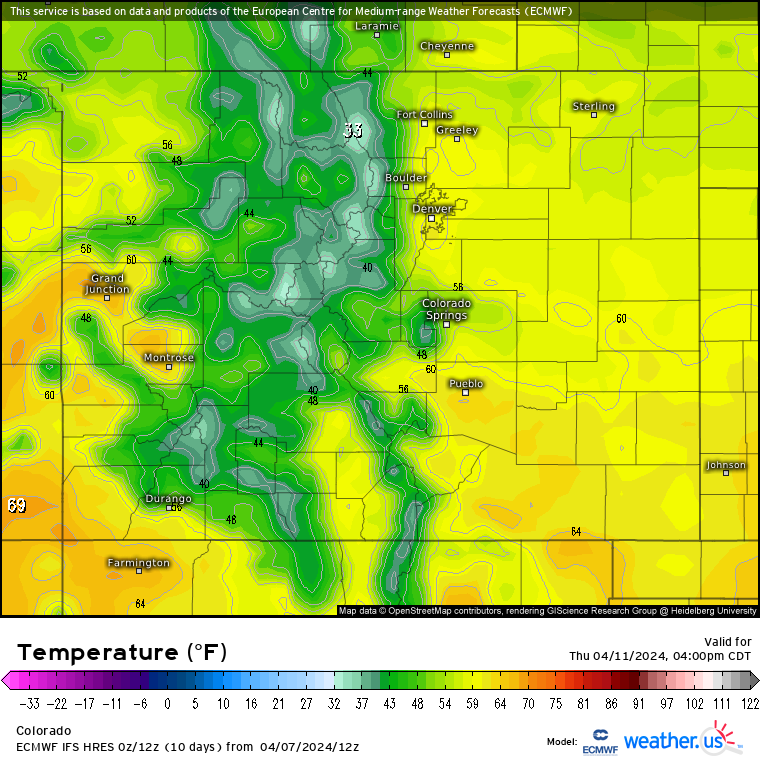 Warming temperatures into the high 40s and low 50s are forecast around Colorado's high country for Thursday, April 11, 2024. (Weather.us)