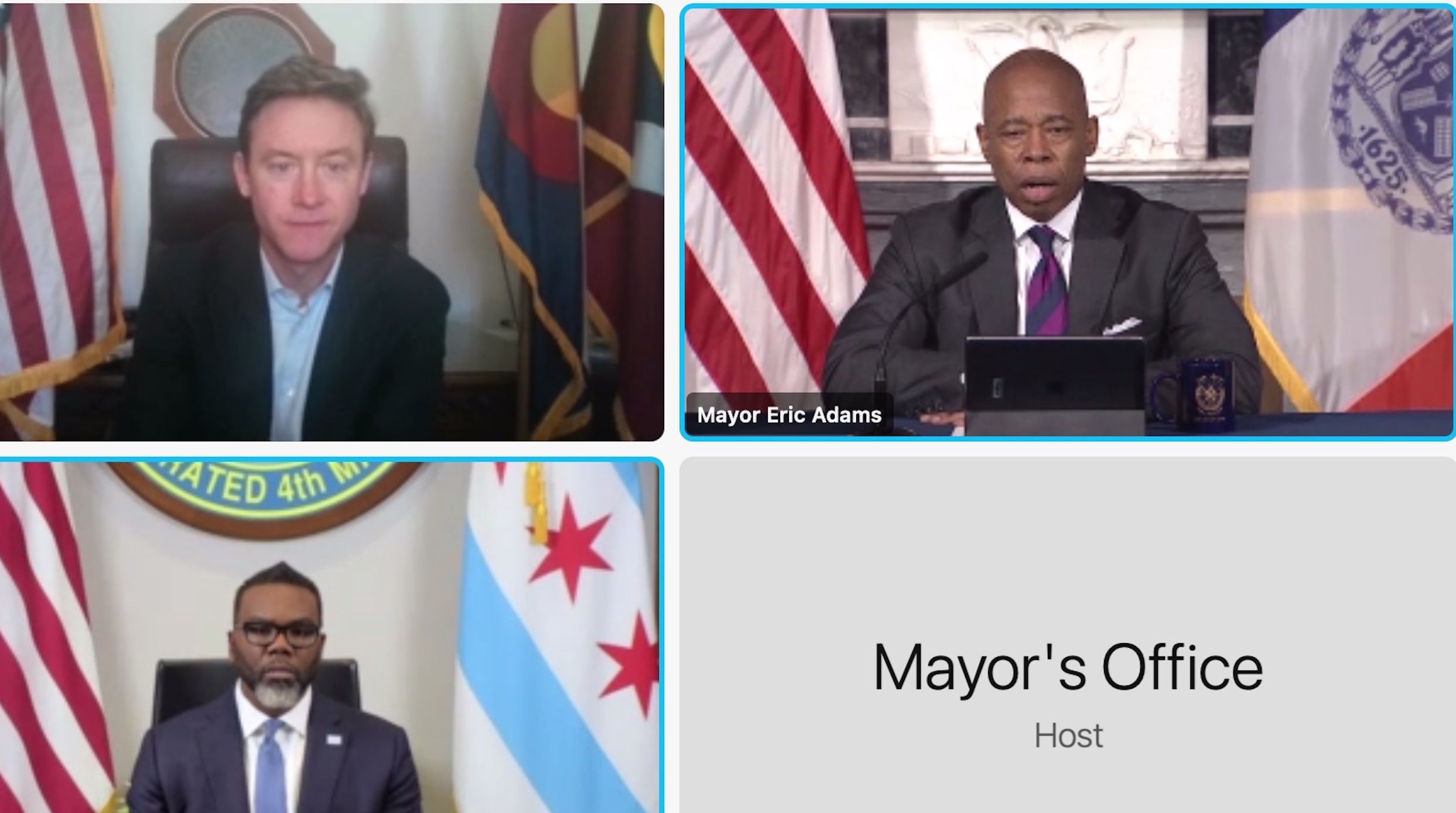 Denver Mayor Mike Johnston (top left) joined Chicago Mayor Brandon Johnson (bottom left) and New York City Mayor Eric Adams (right) in a virtual press conference on Dec. 27, 2023 to call for national strategy to address the surges in immigrant crossings. (Screen grab by Nicole C. Brambila/Denver Gazette)